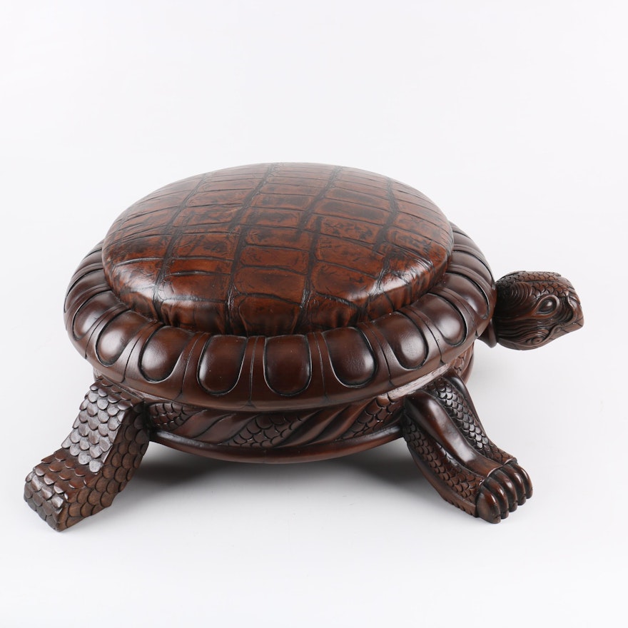 Carved Tortoise and Leather Footstool by Old Hickory Tannery