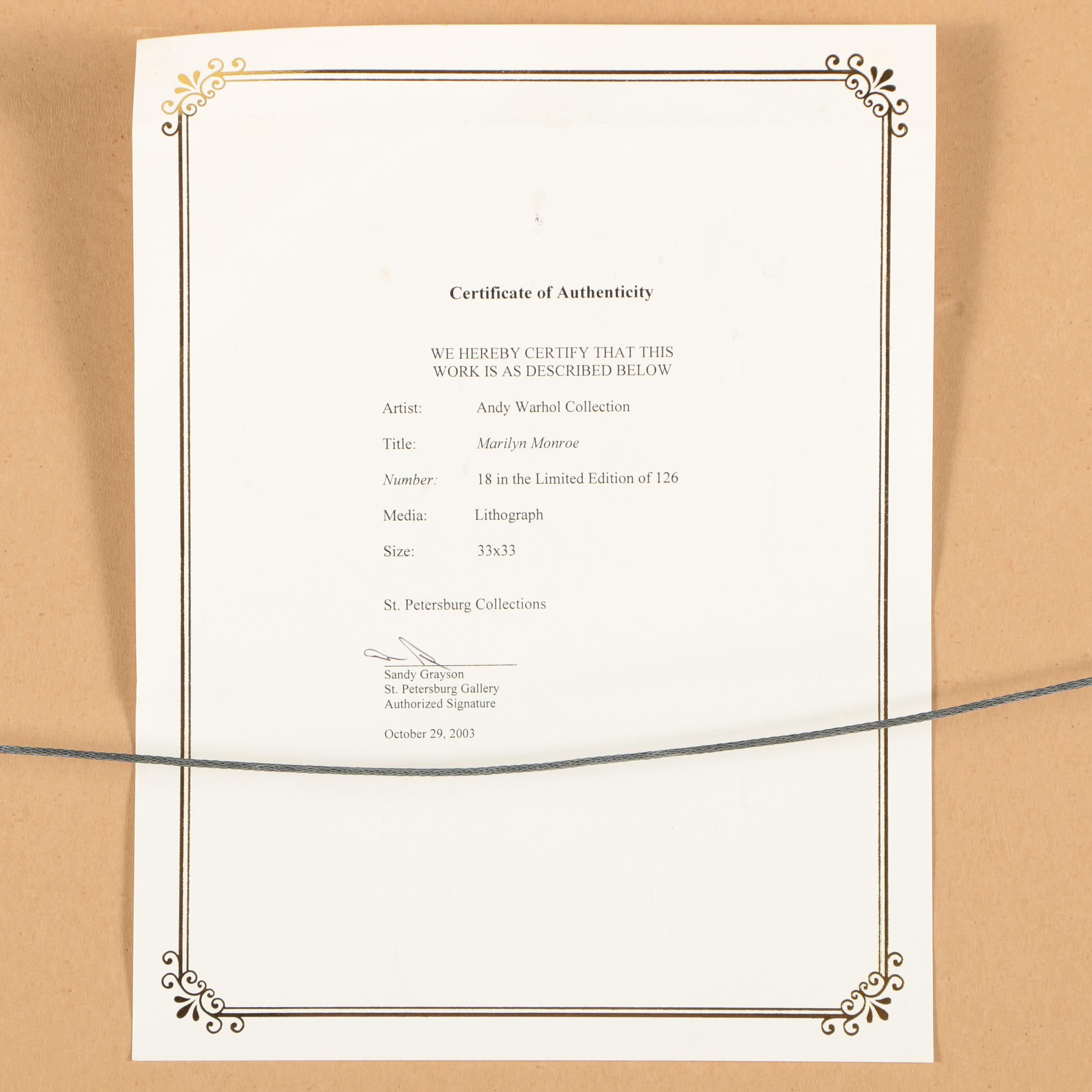 Limited Edition Offset Lithograph After Andy Warhol's "Marilyn Monroe"