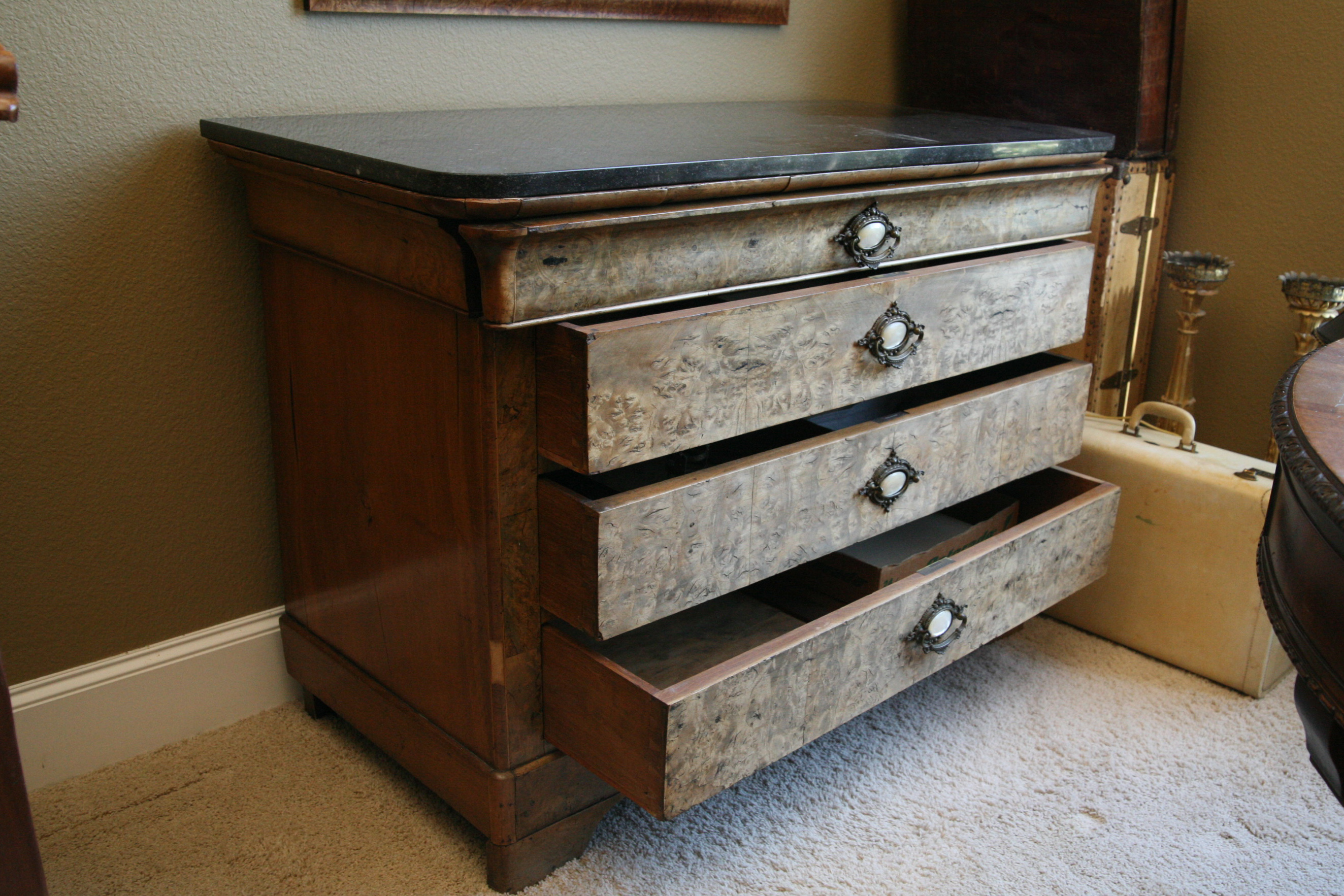 Antique Louis Philippe Burr Elm Commode with (Later) Black Granite Top