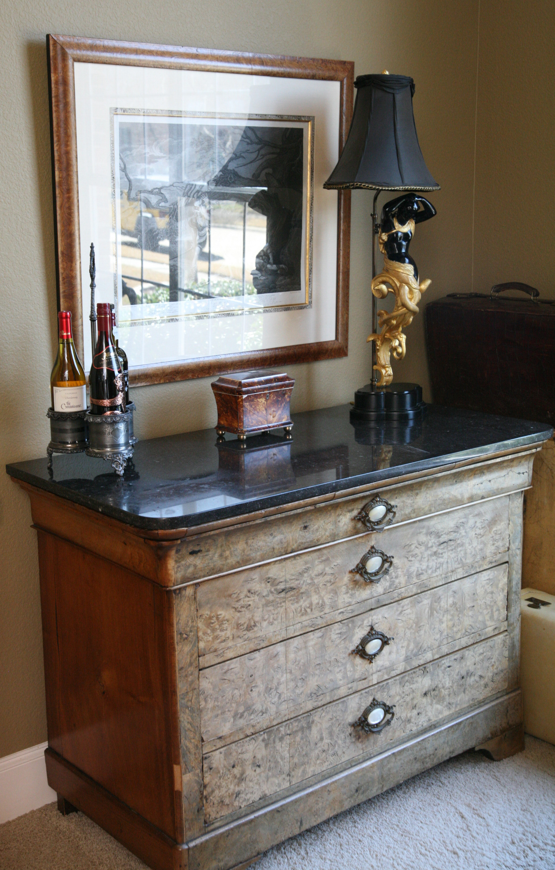 Antique Louis Philippe Burr Elm Commode with (Later) Black Granite Top