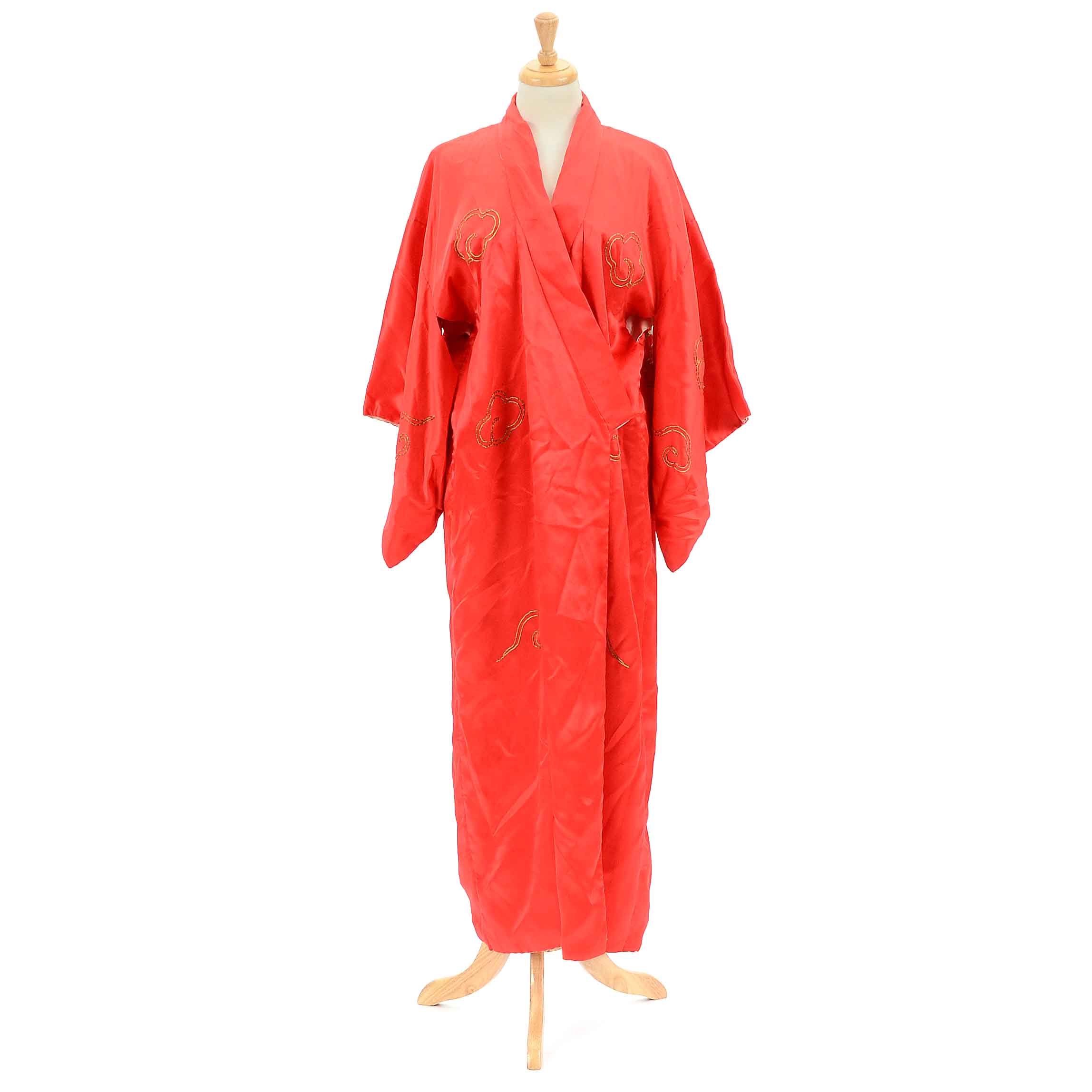 Vintage Japanese Red Silk Kimono Style Robe with Golden Dragon