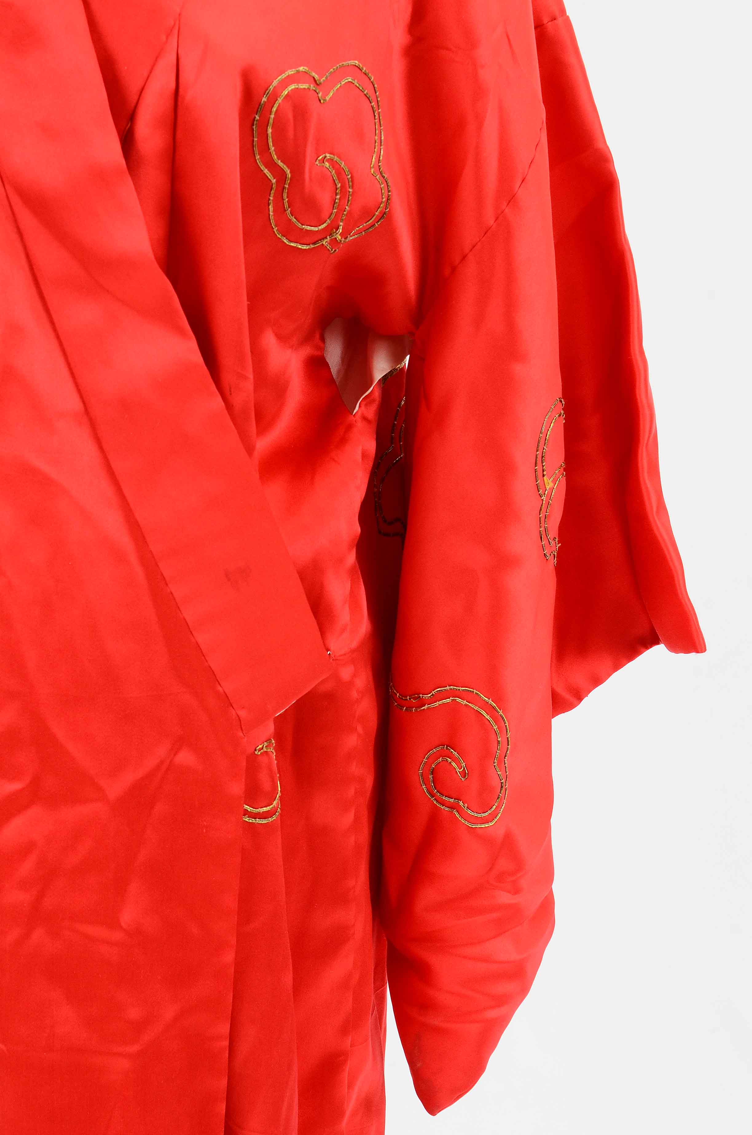 Vintage Japanese Red Silk Kimono Style Robe with Golden Dragon