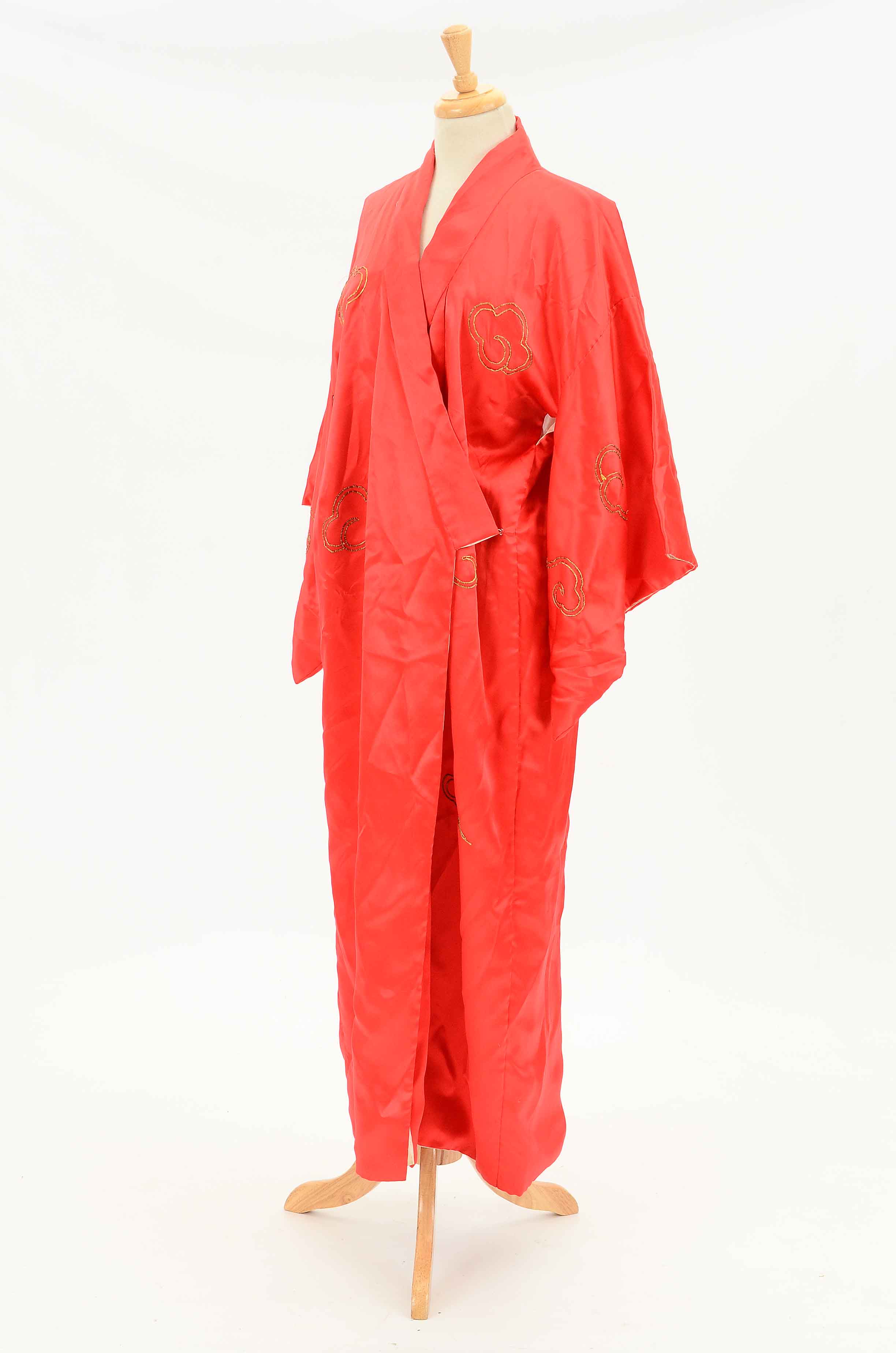 Vintage Japanese Red Silk Kimono Style Robe with Golden Dragon