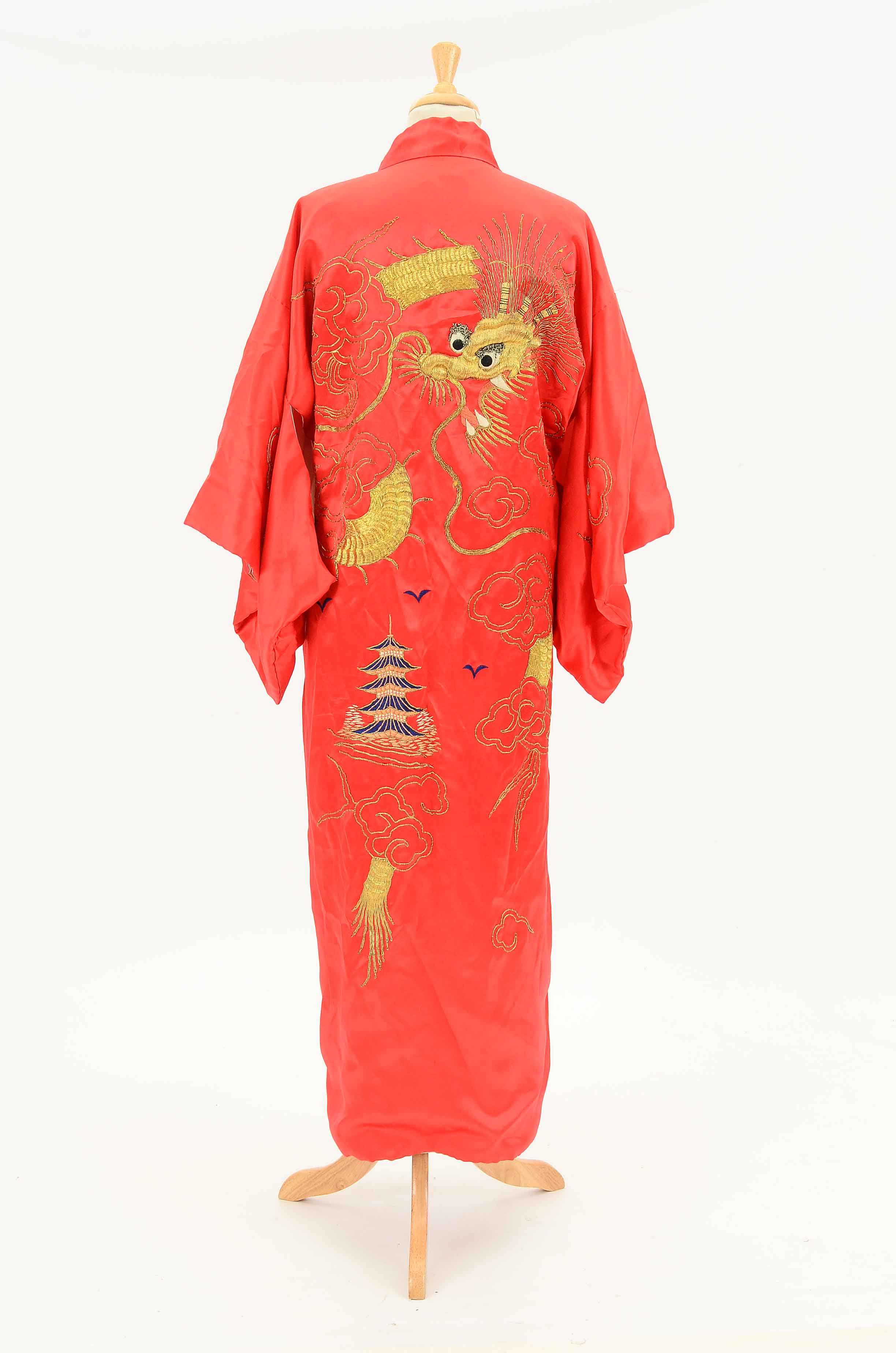 Vintage Japanese Red Silk Kimono Style Robe with Golden Dragon