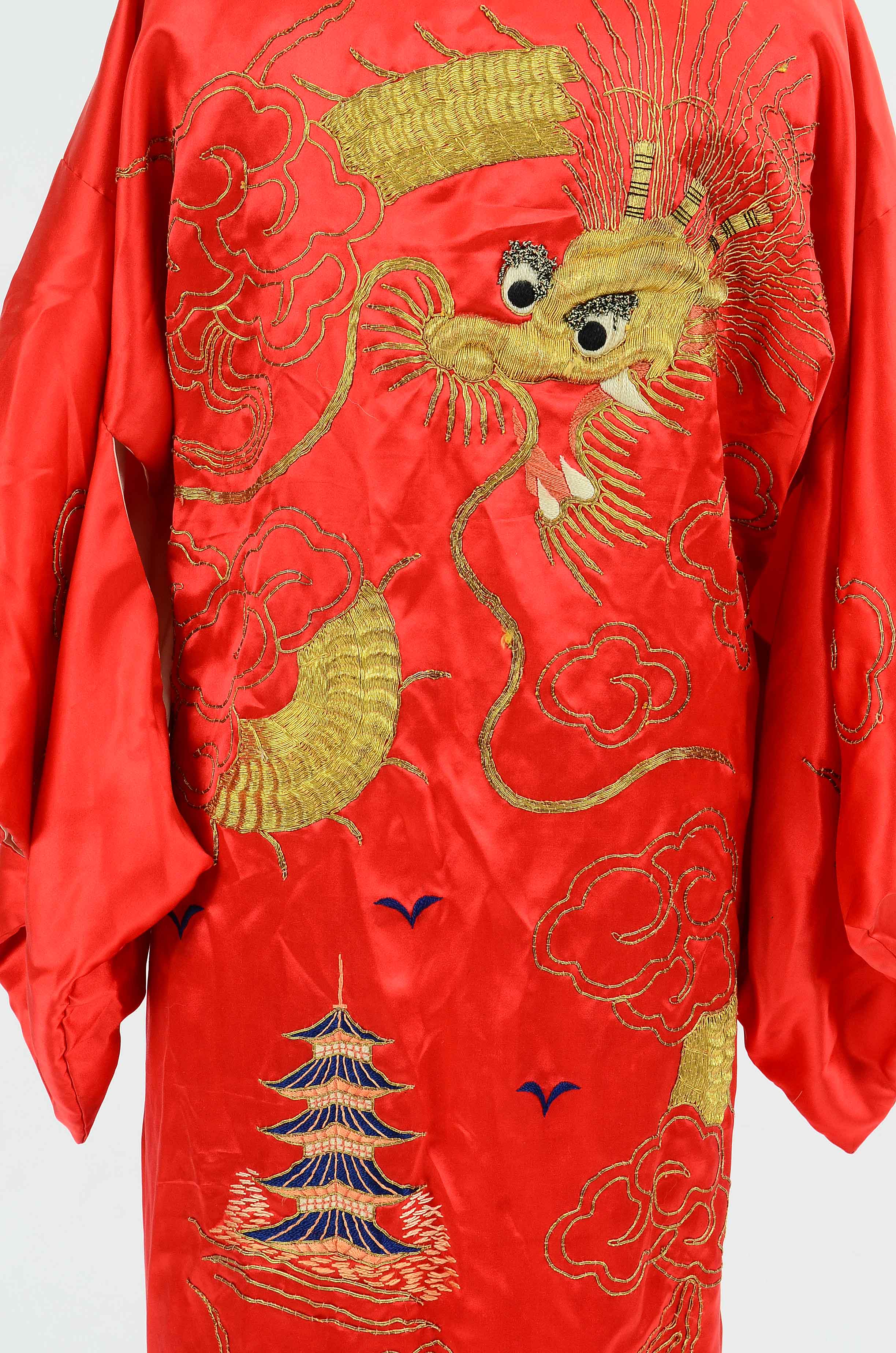 Vintage Japanese Red Silk Kimono Style Robe with Golden Dragon