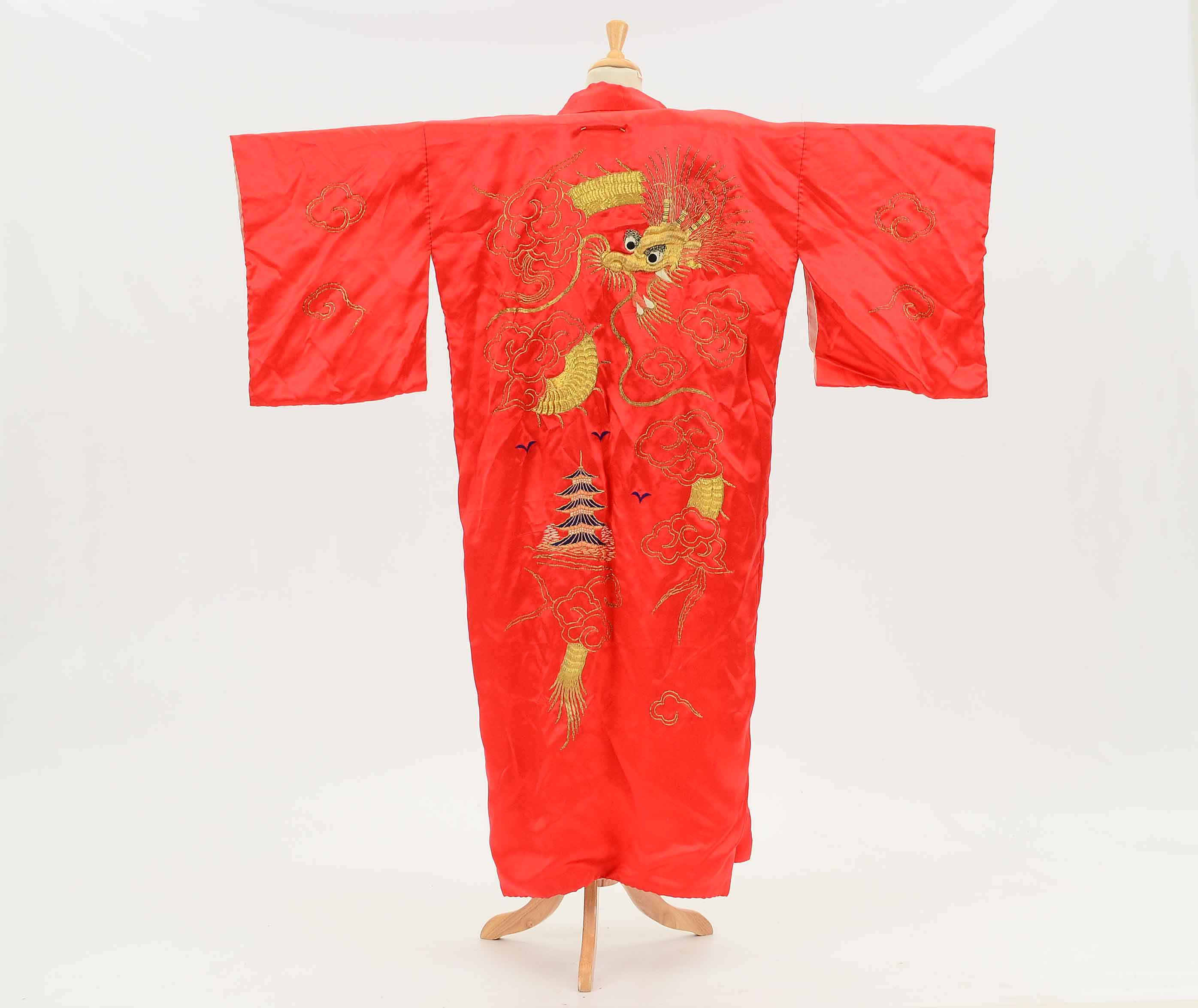 Vintage Japanese Red Silk Kimono Style Robe with Golden Dragon