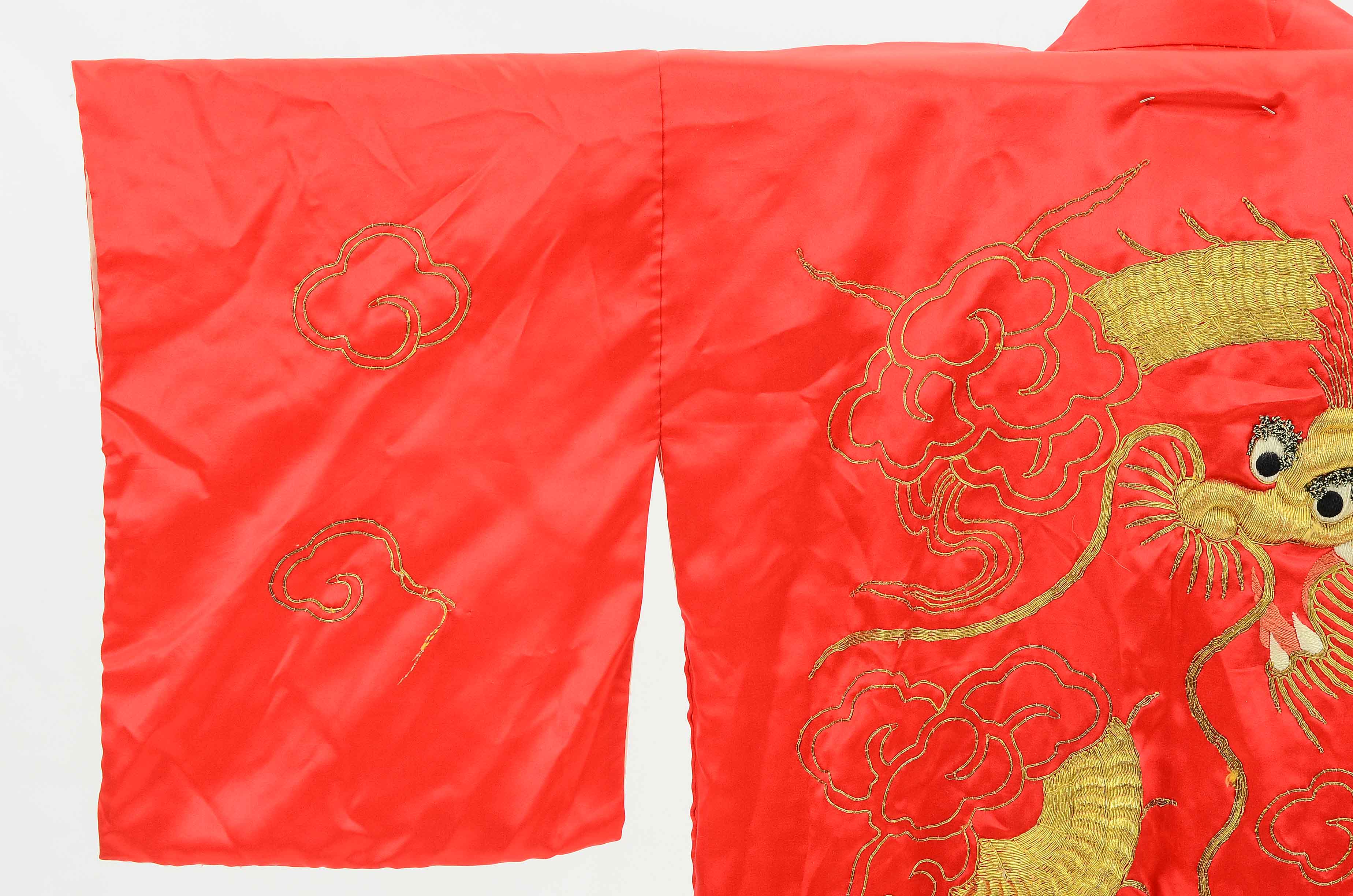 Vintage Japanese Red Silk Kimono Style Robe with Golden Dragon