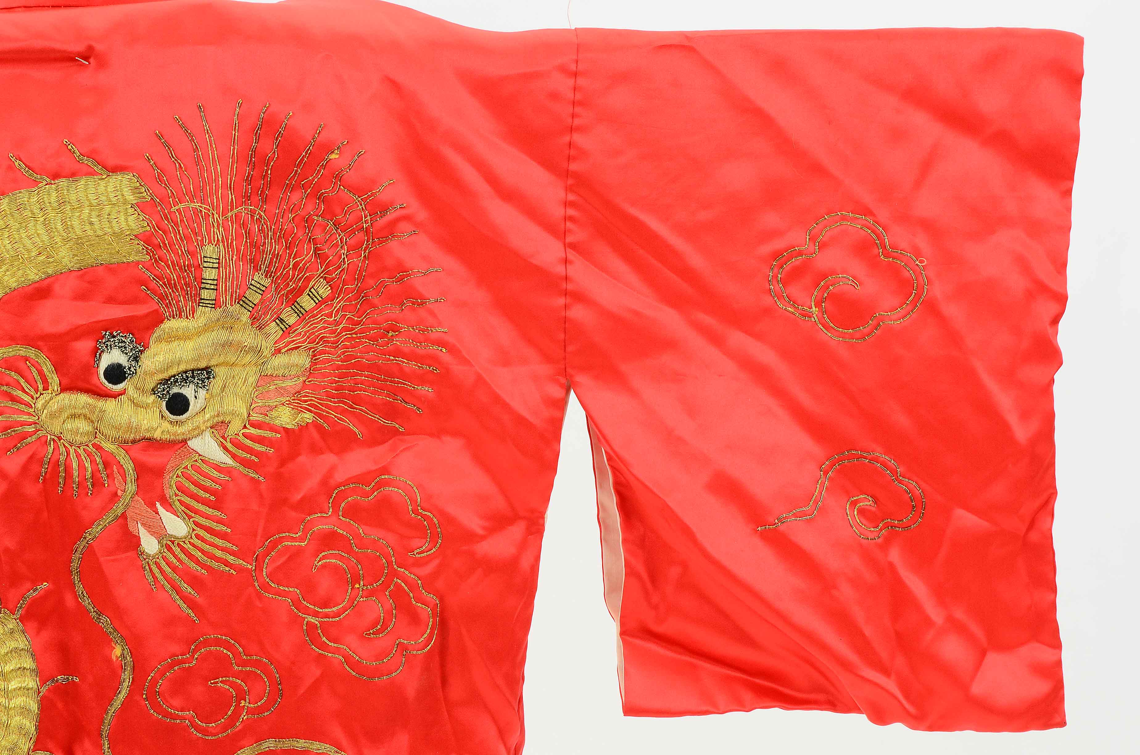 Vintage Japanese Red Silk Kimono Style Robe with Golden Dragon