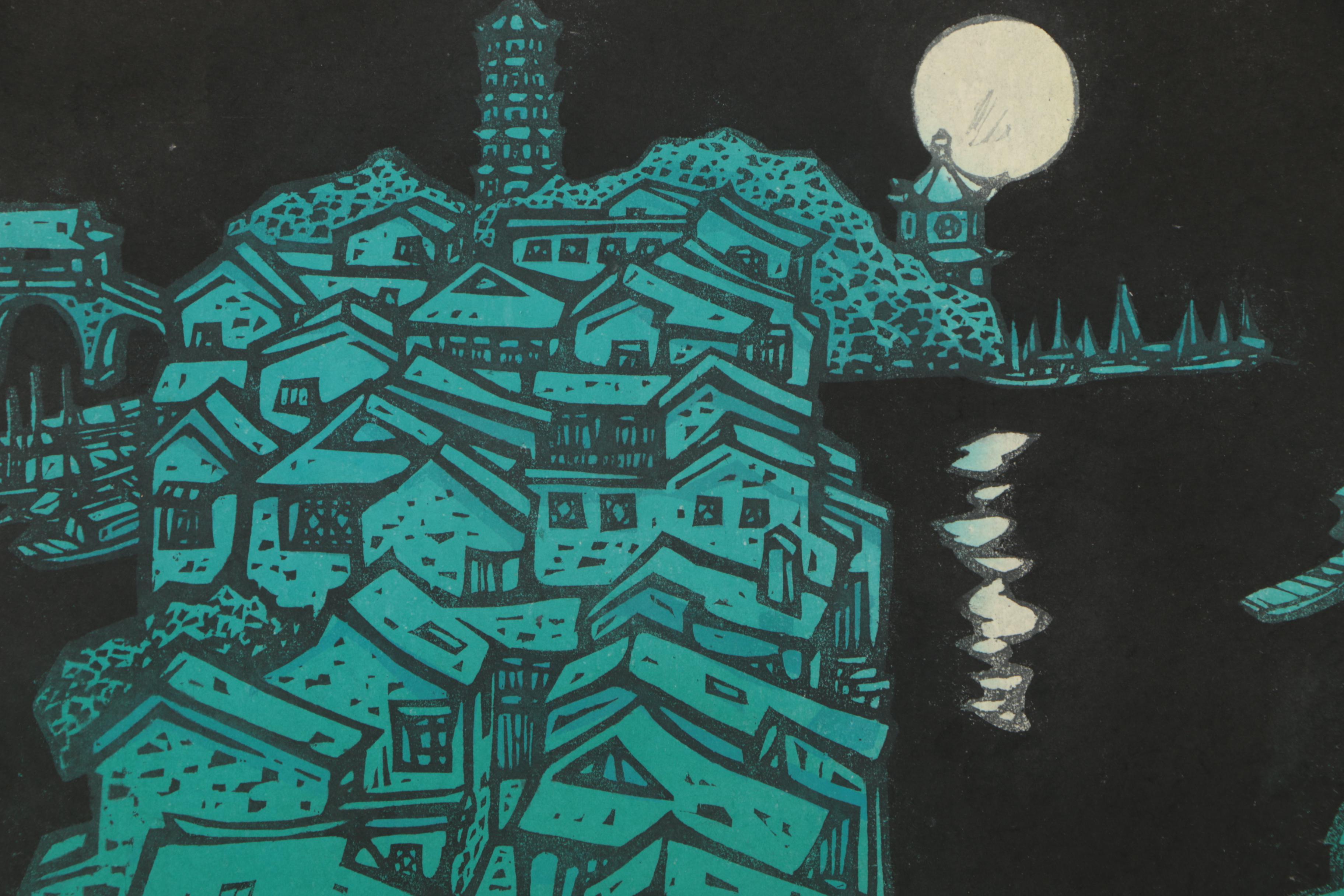 Late 20th Century Japanese Woodblock Print of Moonlit Waterfront Village