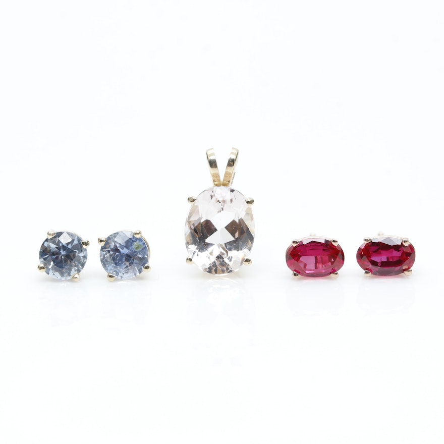 14K Gold Blue Sapphire, Morganite and Synthetic Ruby Earrings and Pendant