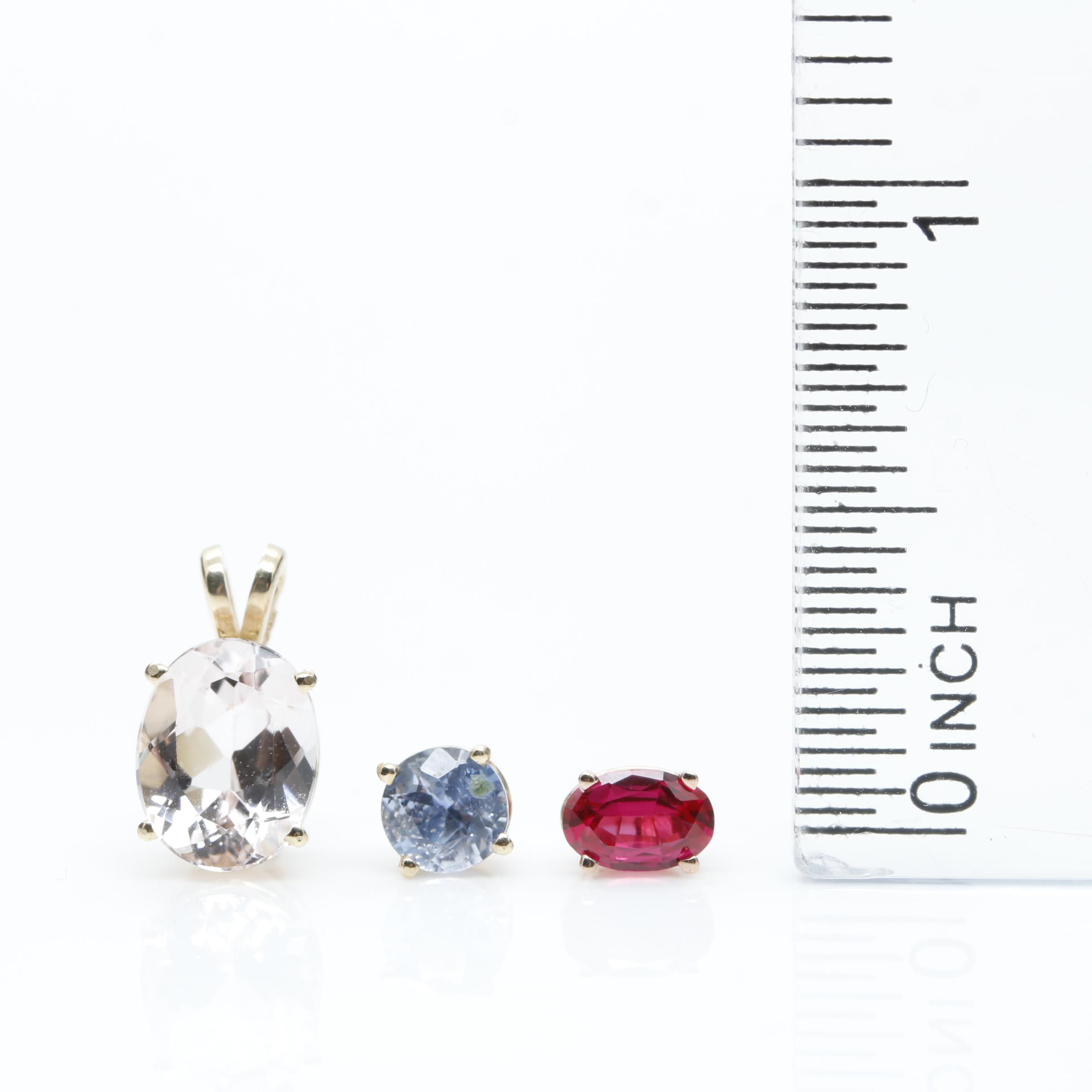 14K Gold Blue Sapphire, Morganite and Synthetic Ruby Earrings and Pendant