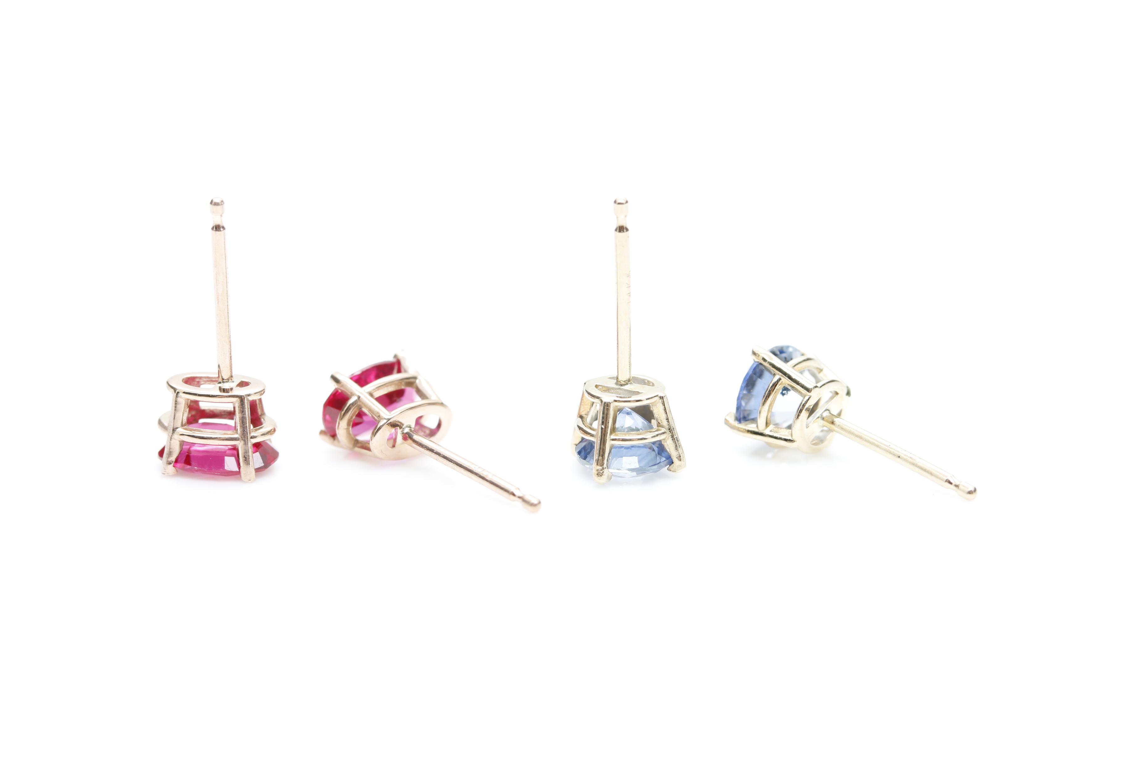 14K Gold Blue Sapphire, Morganite and Synthetic Ruby Earrings and Pendant