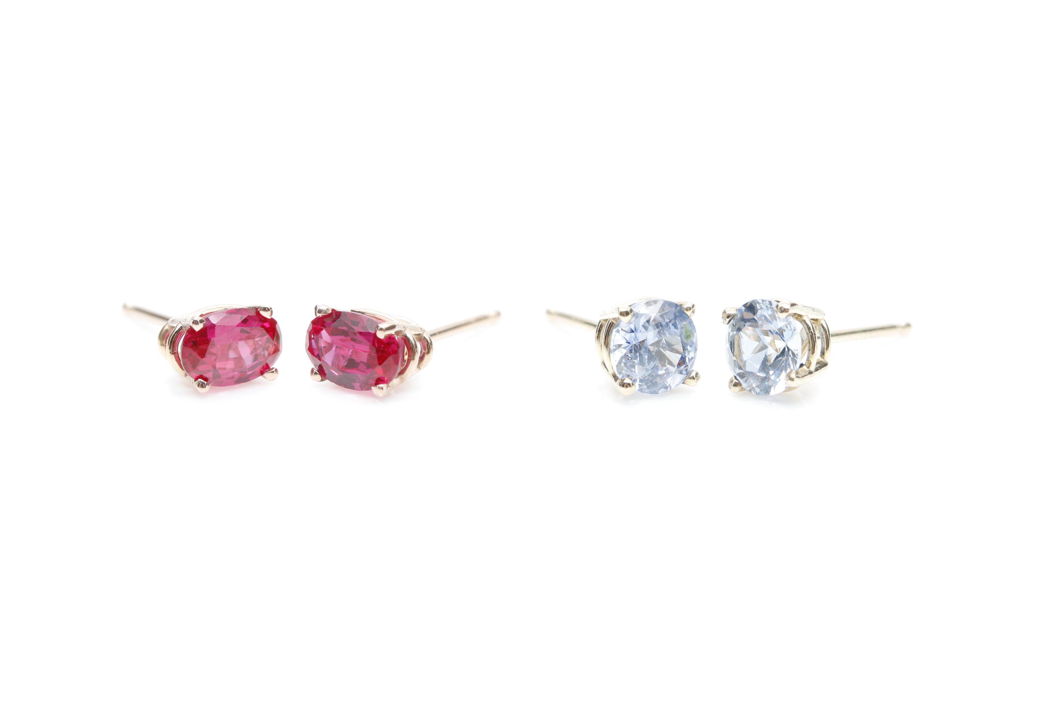 14K Gold Blue Sapphire, Morganite and Synthetic Ruby Earrings and Pendant