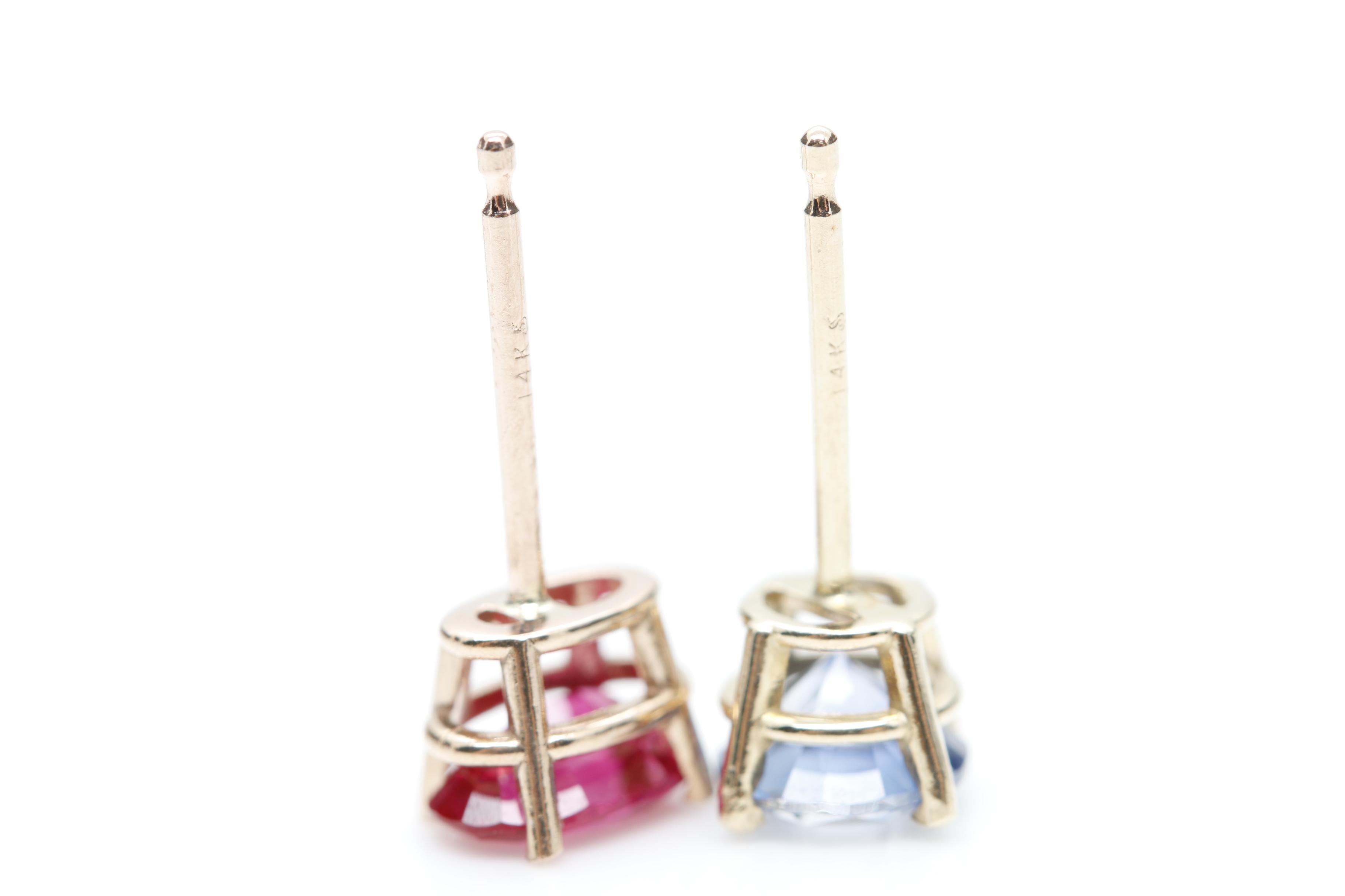 14K Gold Blue Sapphire, Morganite and Synthetic Ruby Earrings and Pendant