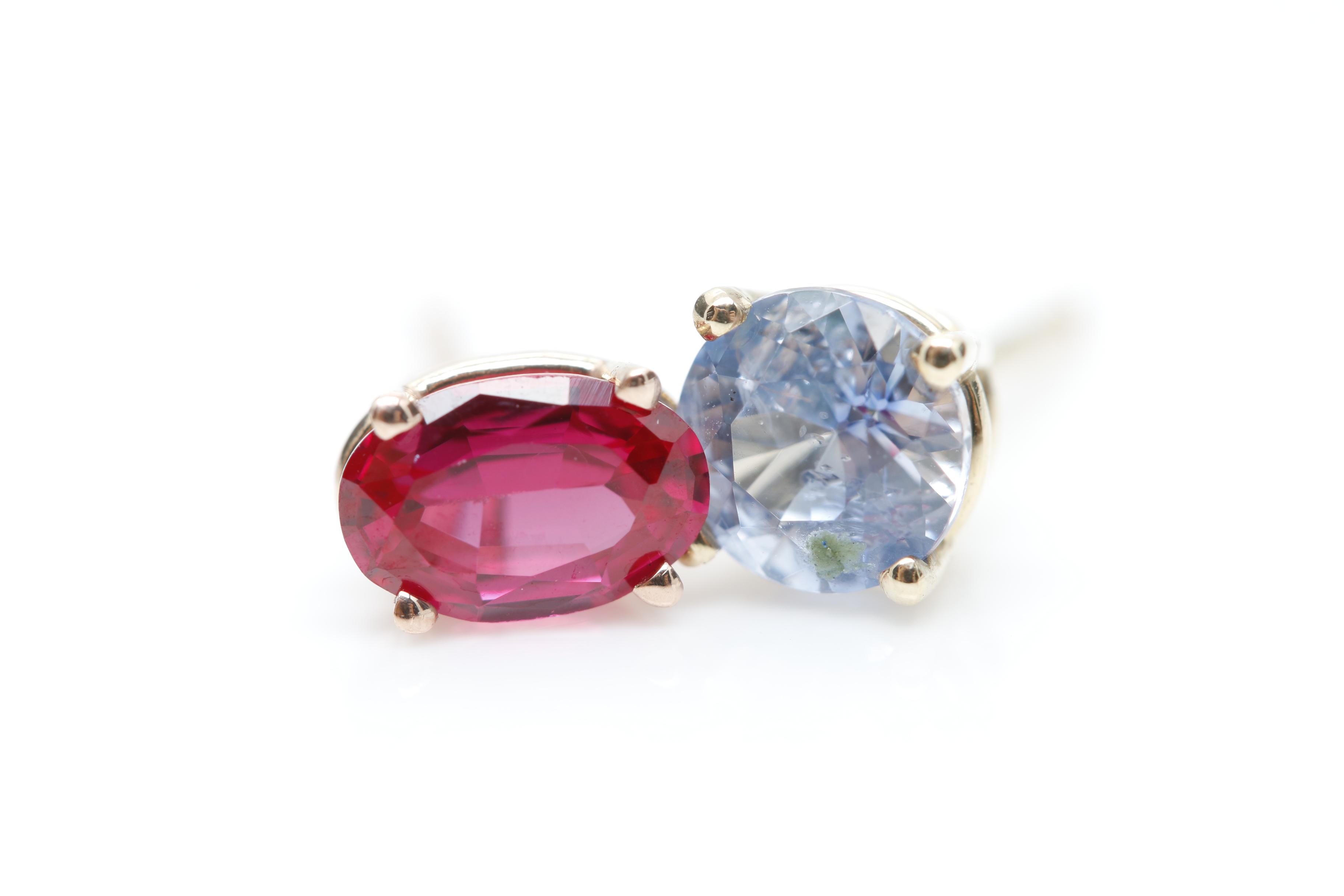 14K Gold Blue Sapphire, Morganite and Synthetic Ruby Earrings and Pendant