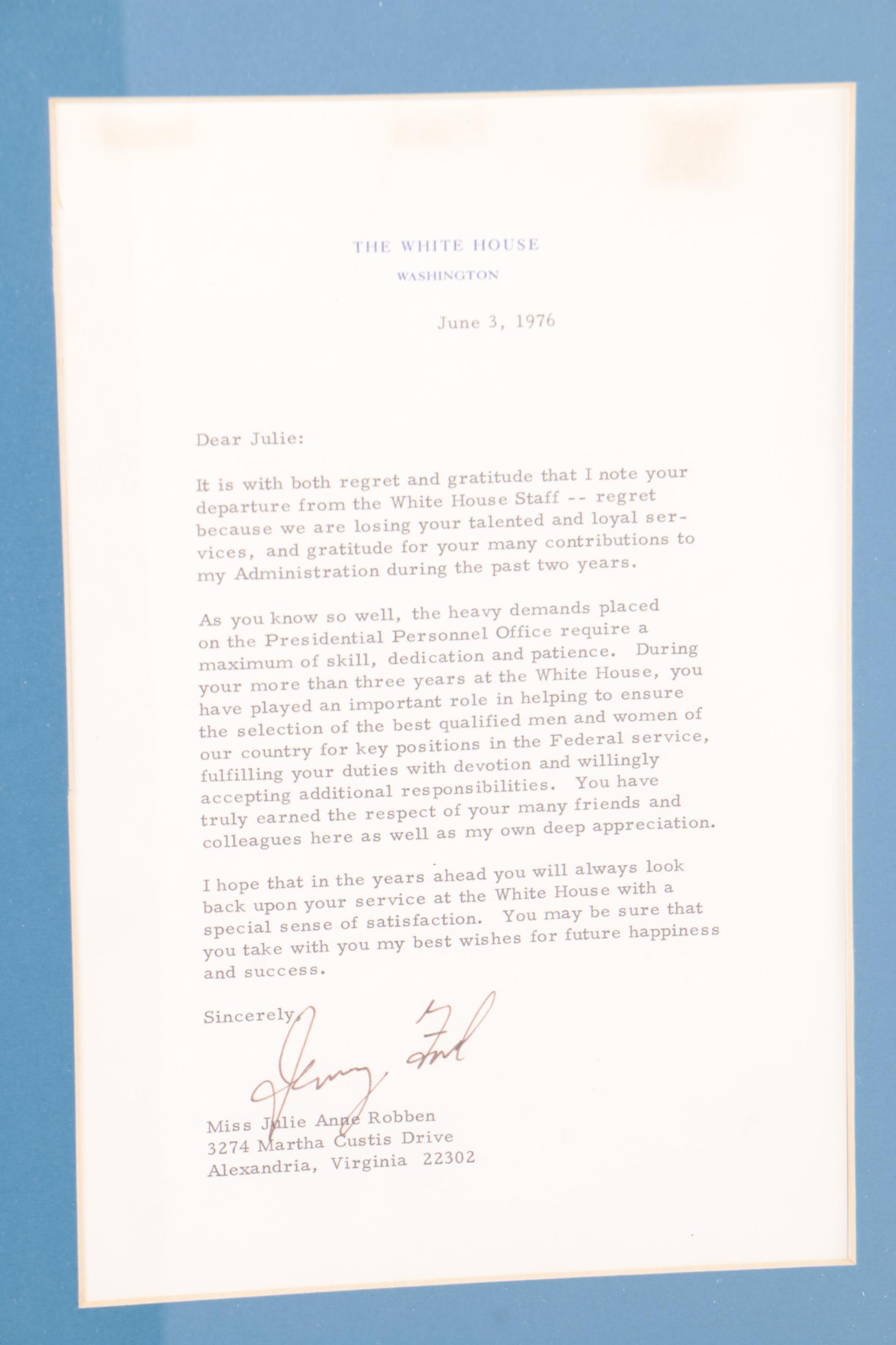 Employment Farewell Letter and Photograph Signed By Gerald Ford
