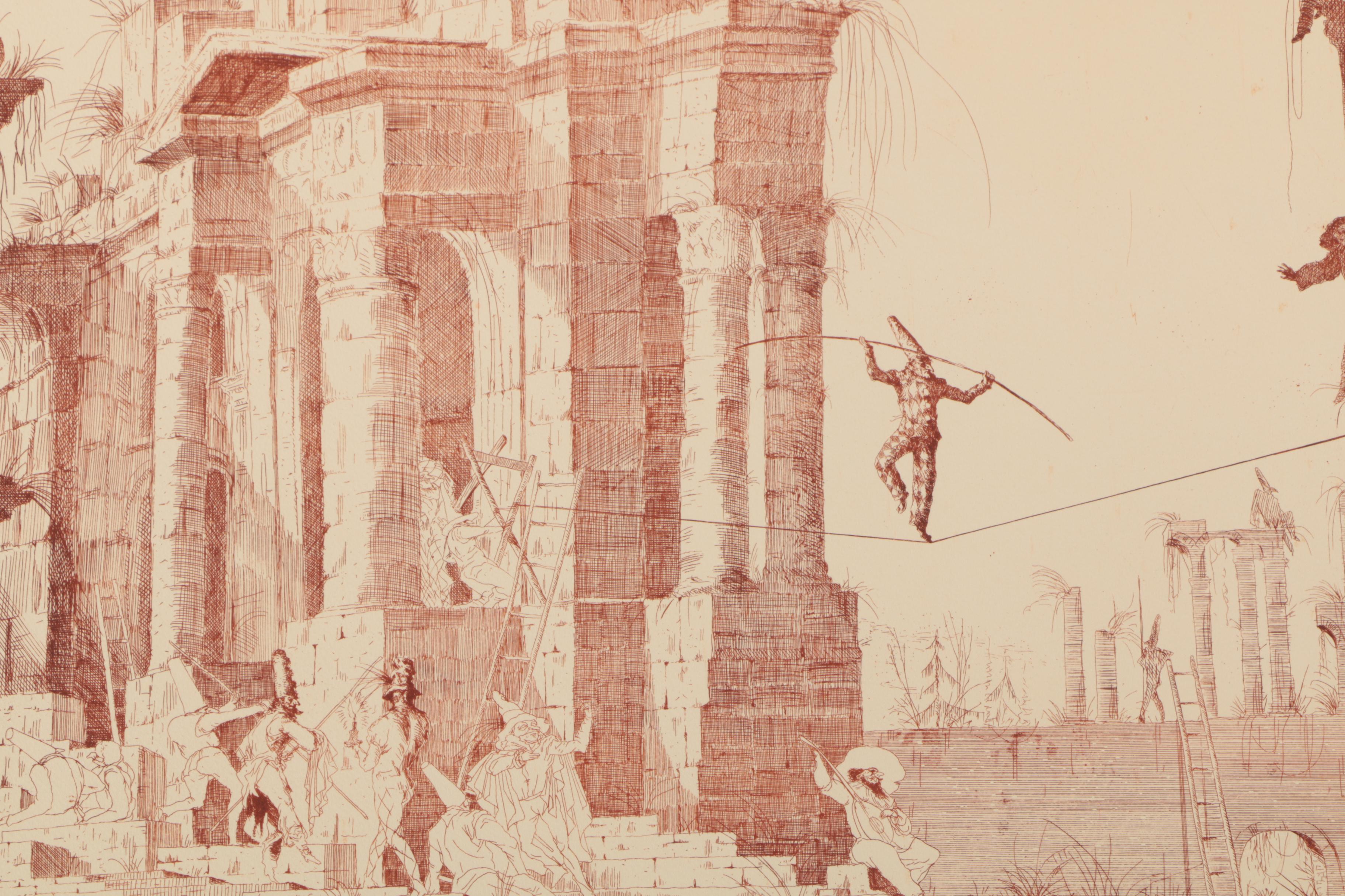 Joe A. Pecsenke Etching "Performing Among Roman Ruins"