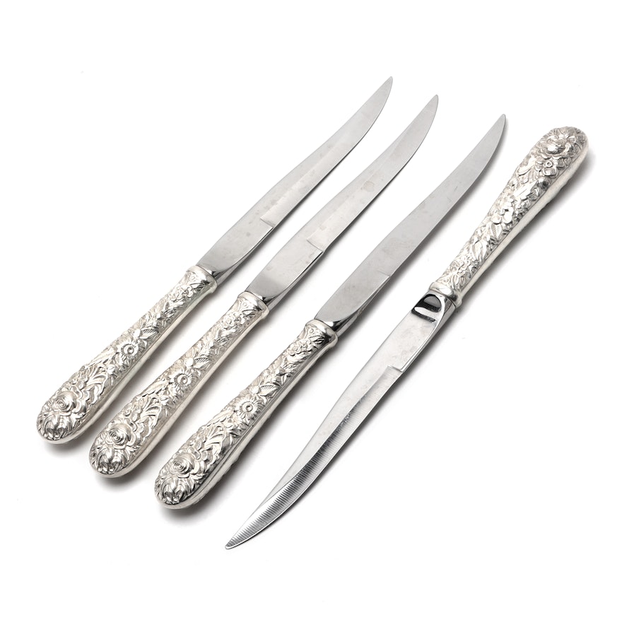 Four Kirk Steiff "Repousse" Steak Knives with Sterling Silver Handles