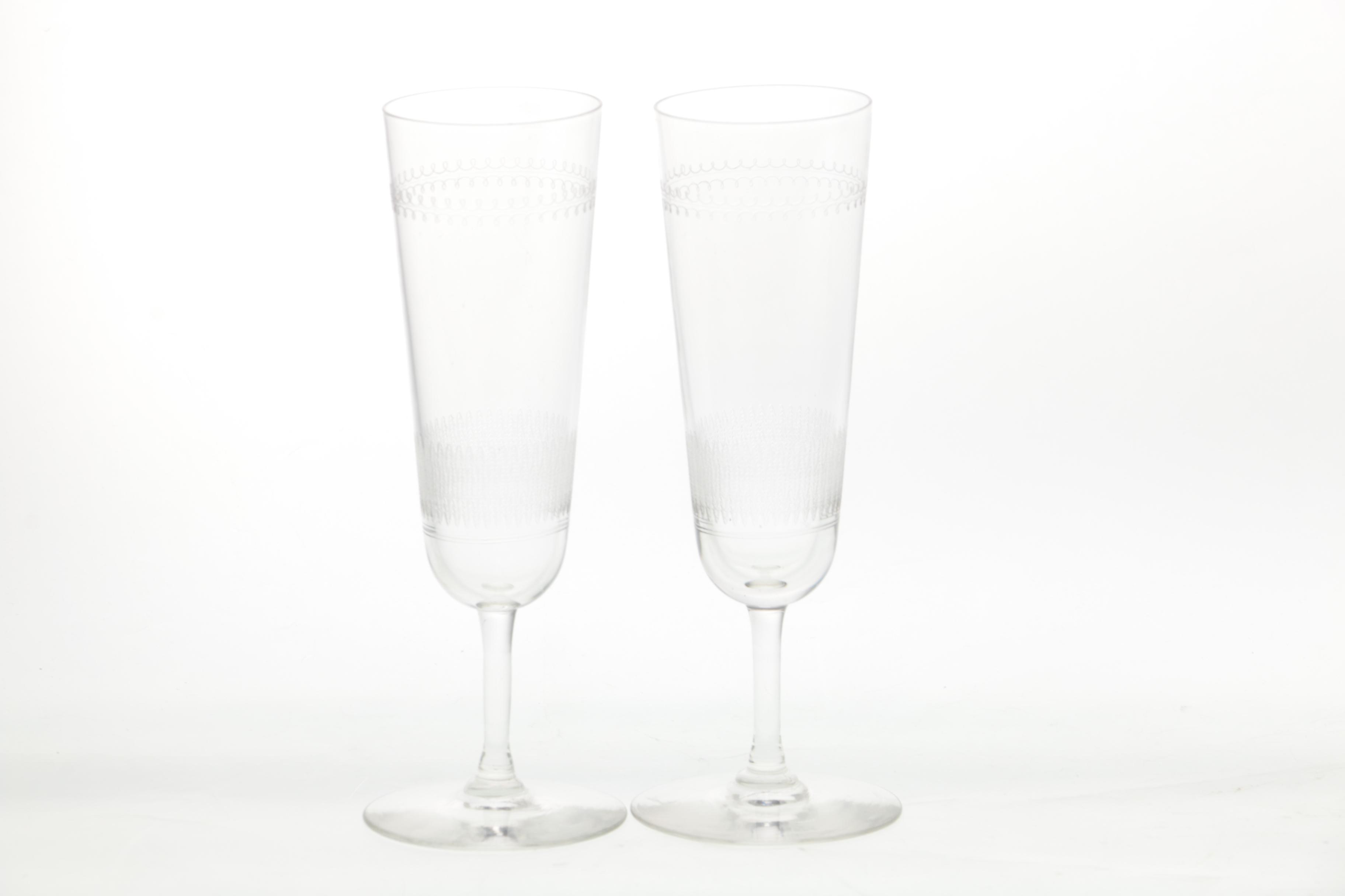 Collection of Etched Glass Champagne Flutes