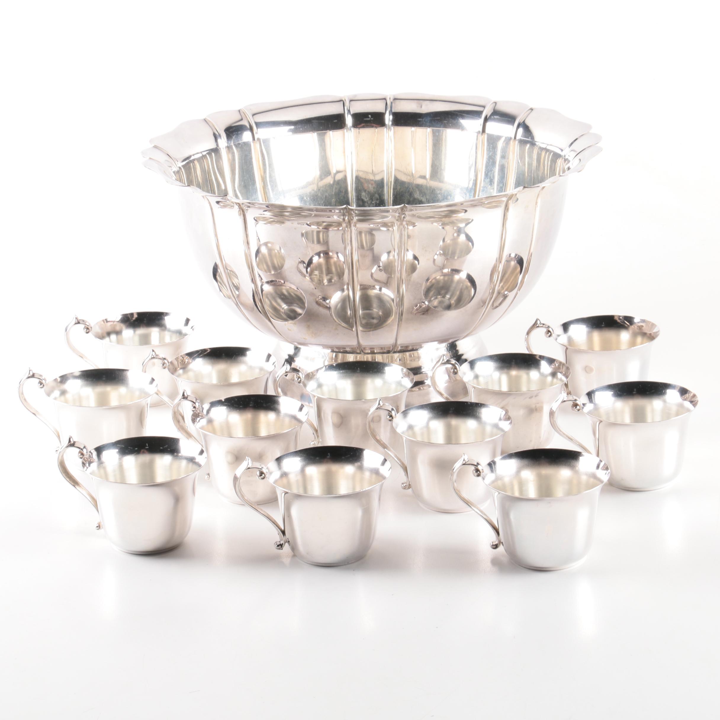 Pilgrim Silver Plate Punch Bowl and Cup Set