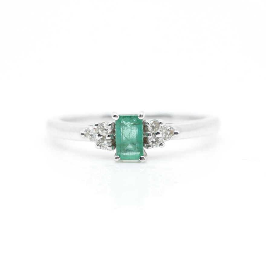 Effy 14K White Gold Emerald and Diamond Ring