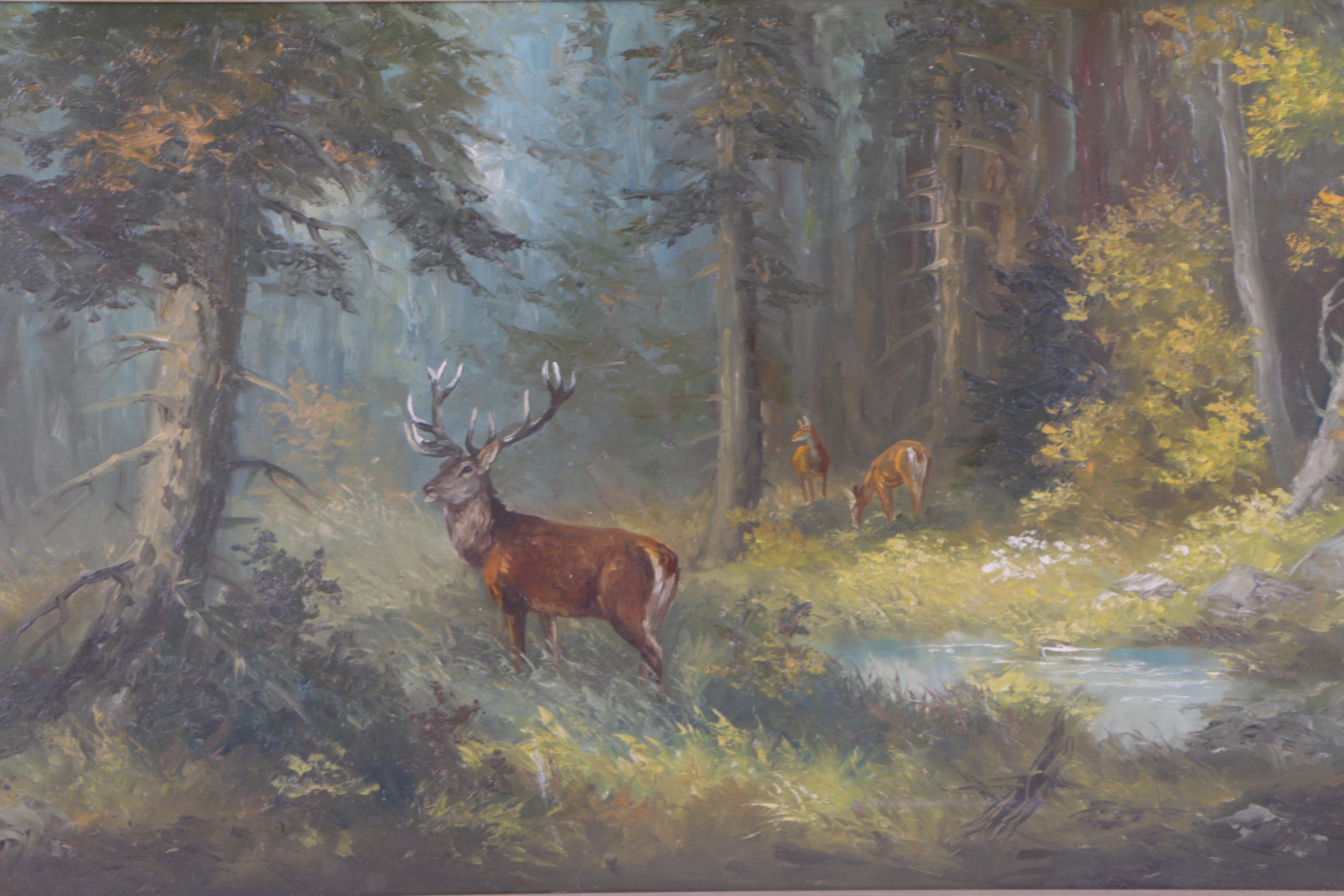 Elisabeth Paetz-Kalich Oil Painting of Elk in Lush Forest Landscape