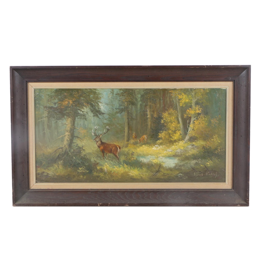 Elisabeth Paetz-Kalich Oil Painting of Elk in Lush Forest Landscape