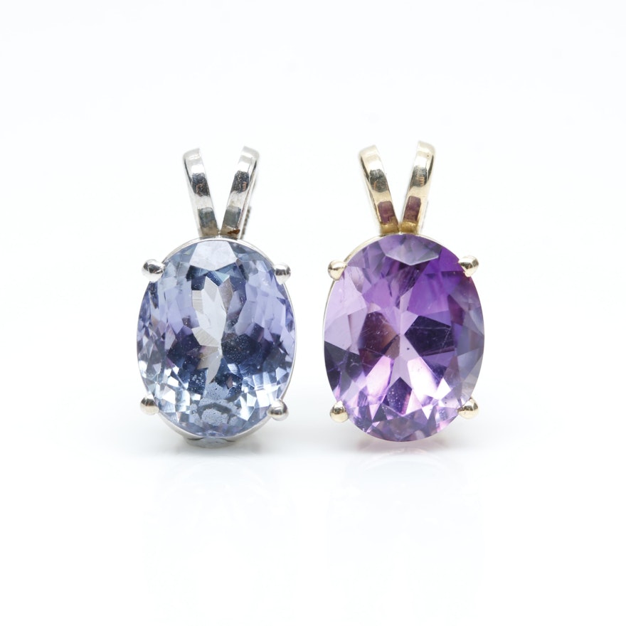 14K White Gold Tanzanite and 14K Yellow Gold Amethyst Pendants