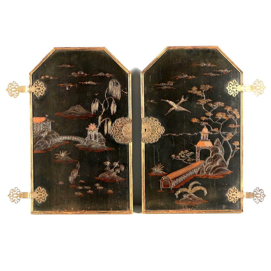 Antique Chinoiserie Wood and Brass Cabinet Door Panels