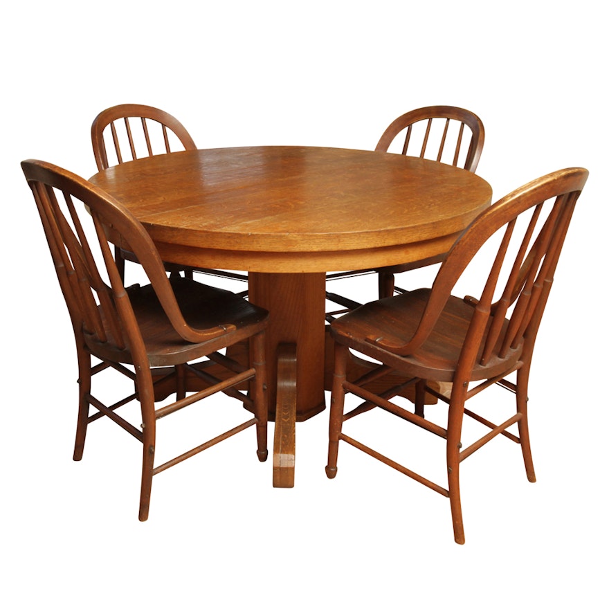 Vintage Oak Pedestal Dining Table with Chairs