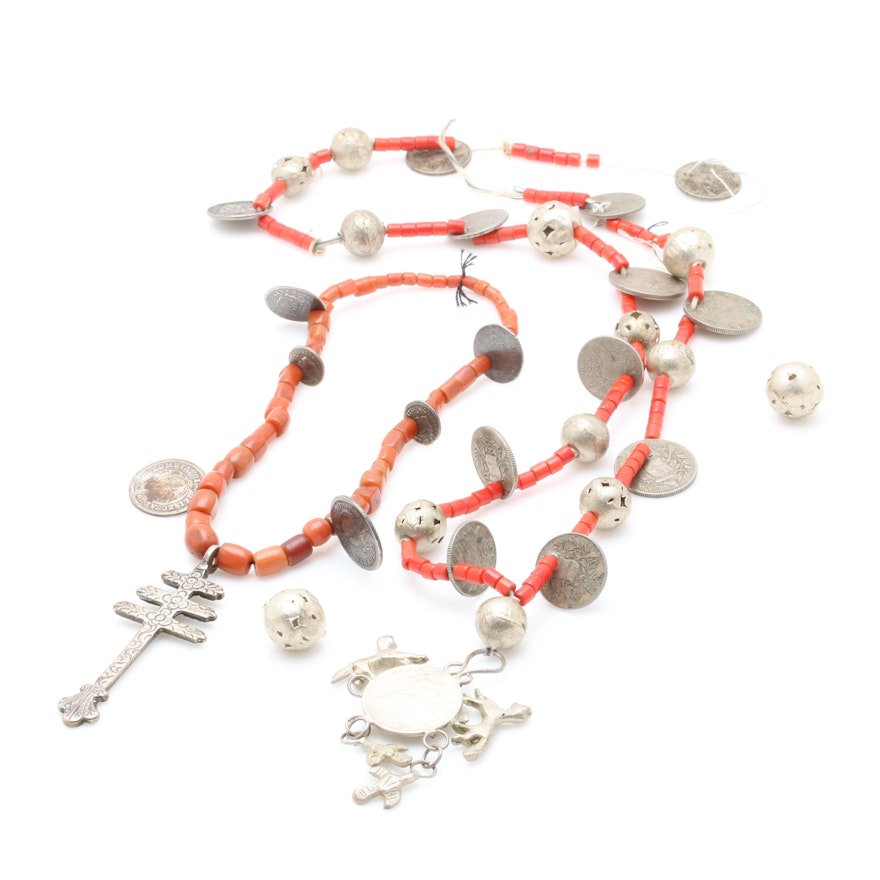 Coral Bead Necklaces with Antique South and Central American Silver Alloy Coins