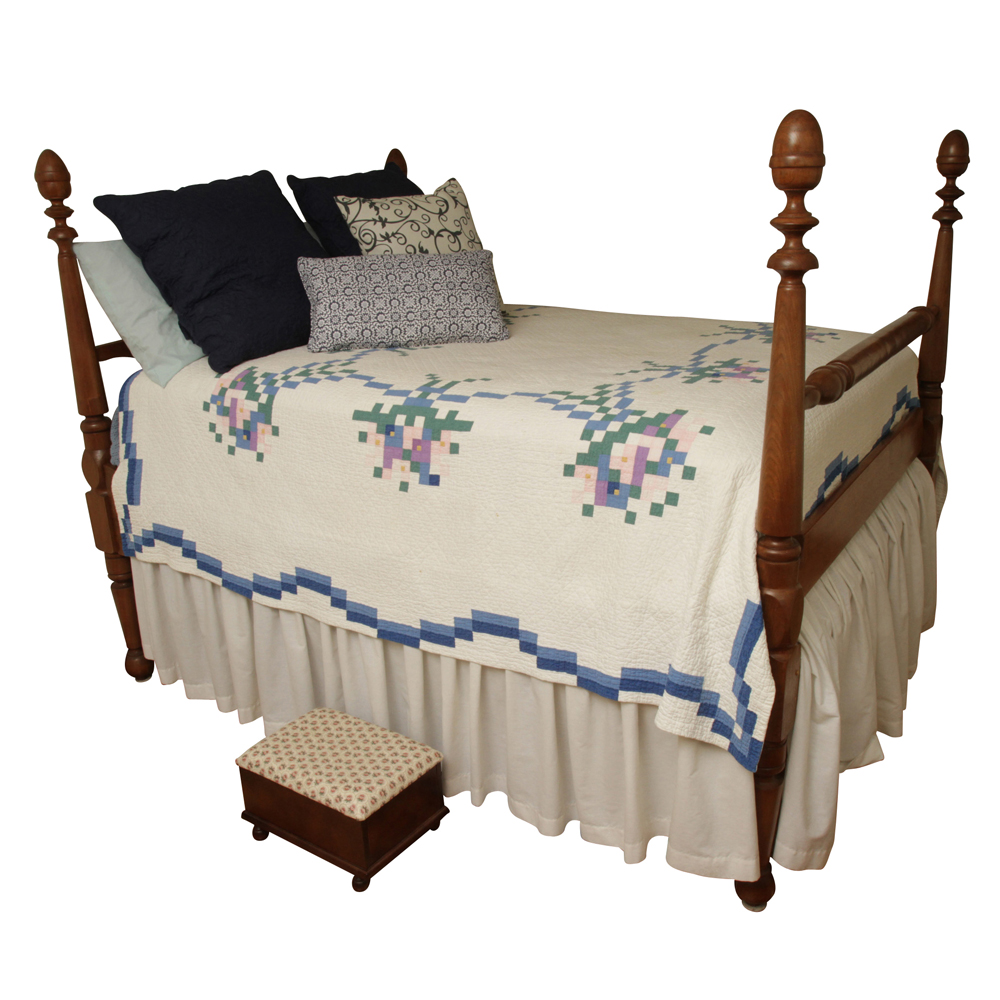 Antique Walnut Four Poster Rope Bed and Foot Stool