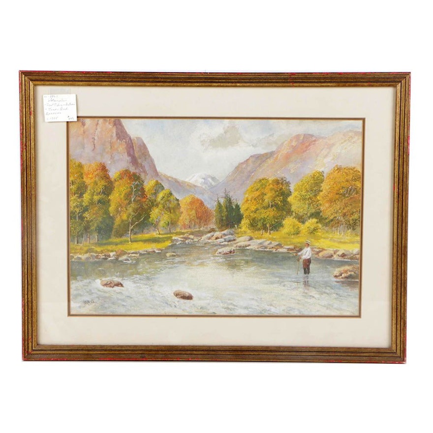 1935 James Bird Gouache Painting "Trout Fishing in Autumn"