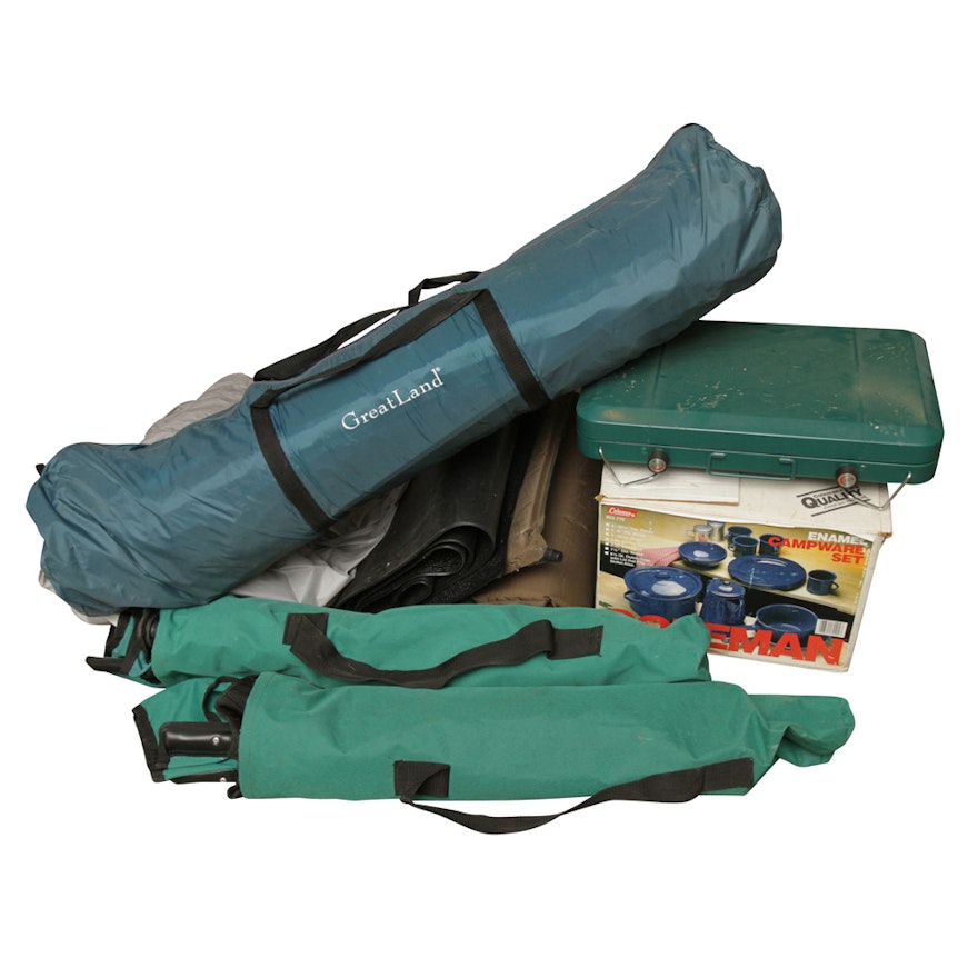 Tent, Pad, Camp Stove and Other Camping Tools, Including Coleman and Great Land
