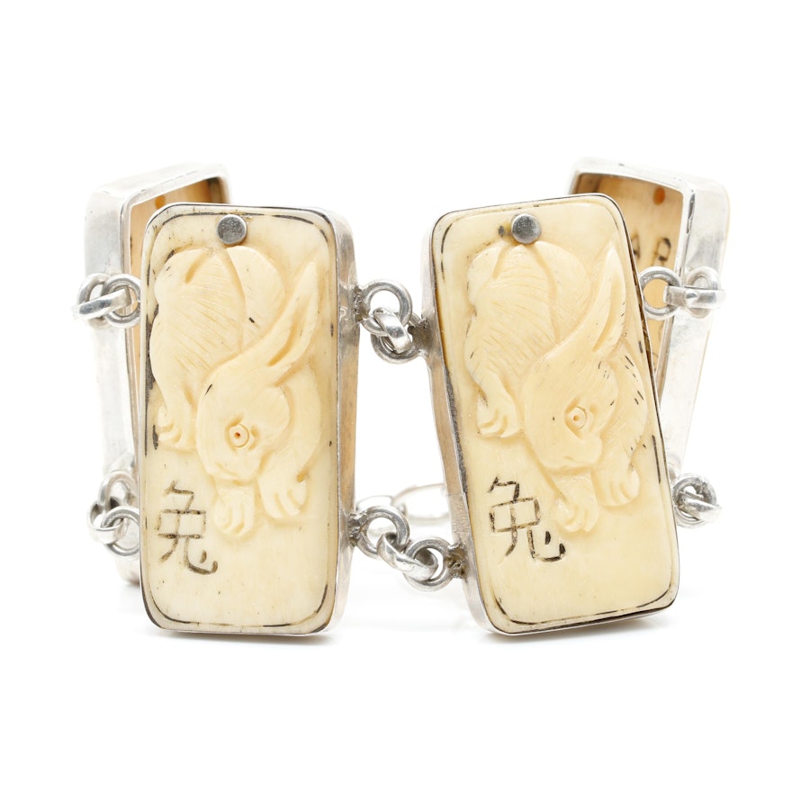 Asian Inspired Sterling Silver Carved Bone Zodiac Bracelet