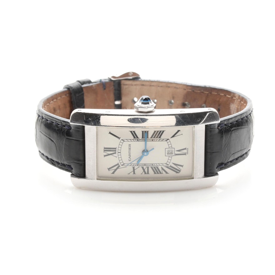 Cartier Tank Americaine 18K White Gold and Leather Wristwatch