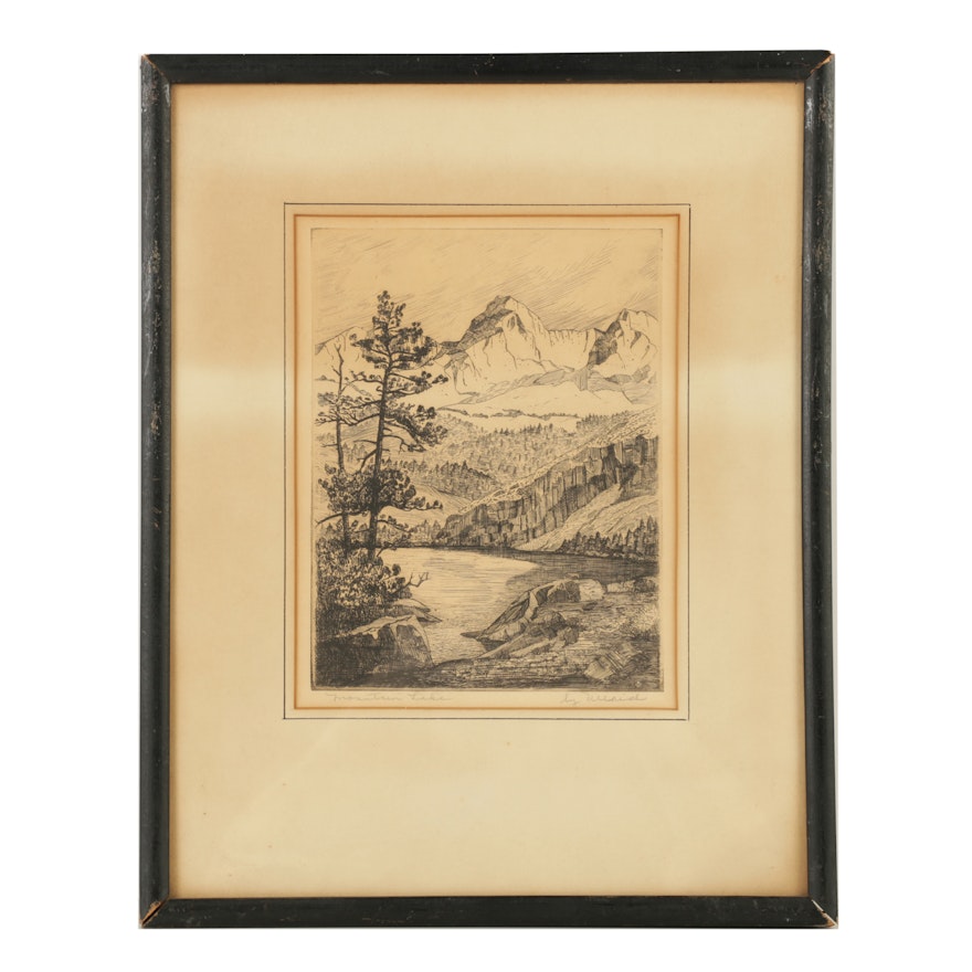 William Ullrich Signed Etching on Paper "Mountain Lake"