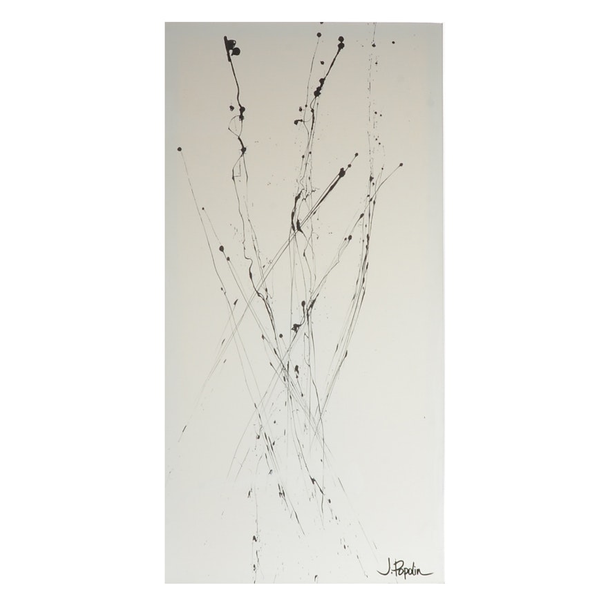 J. Popolin Abstract Acrylic Painting "Black Drips on White"