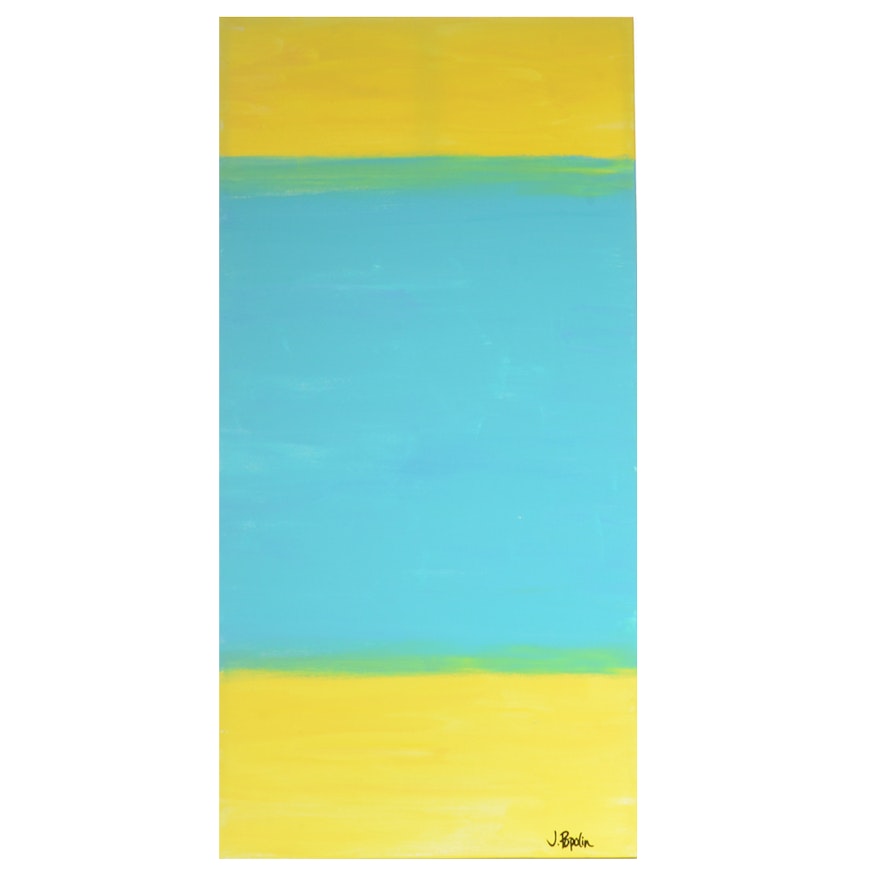 J. Popolin Abstract Acrylic Painting "Turquoise and Yellow"