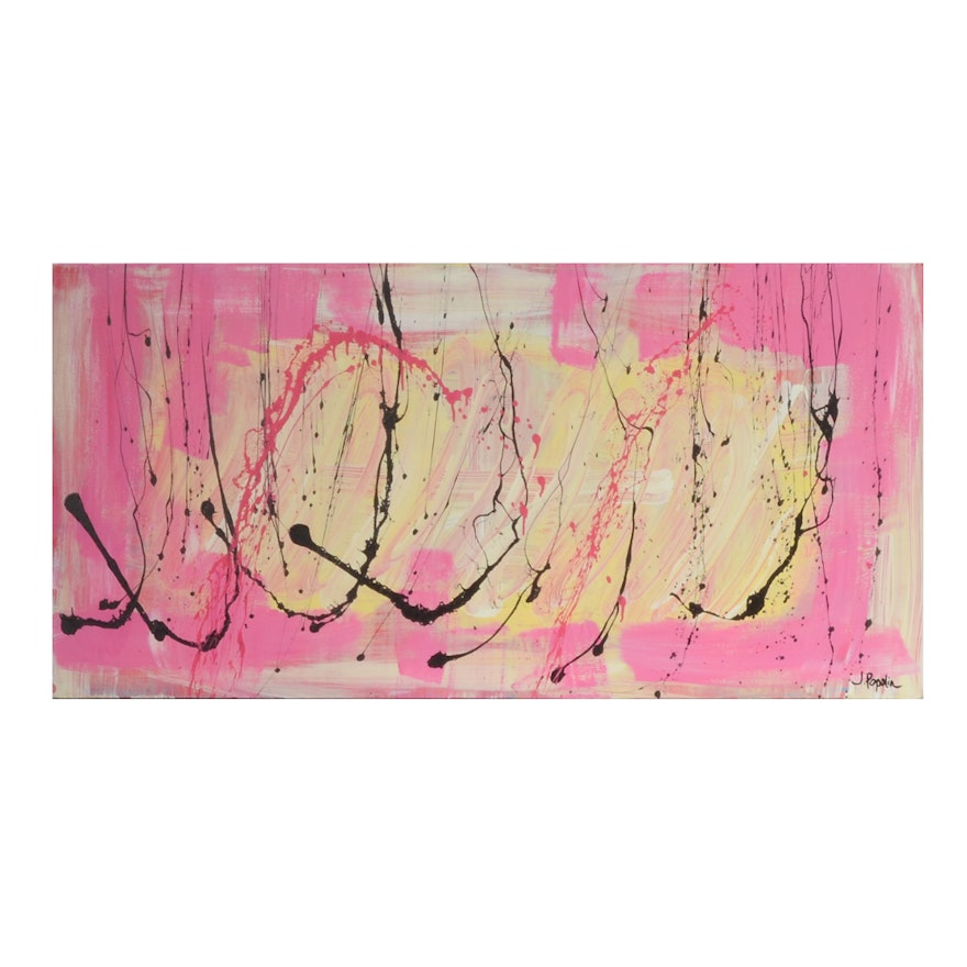 J. Popolin Abstract Acrylic Painting "Pink and Yellow with Black Drips"