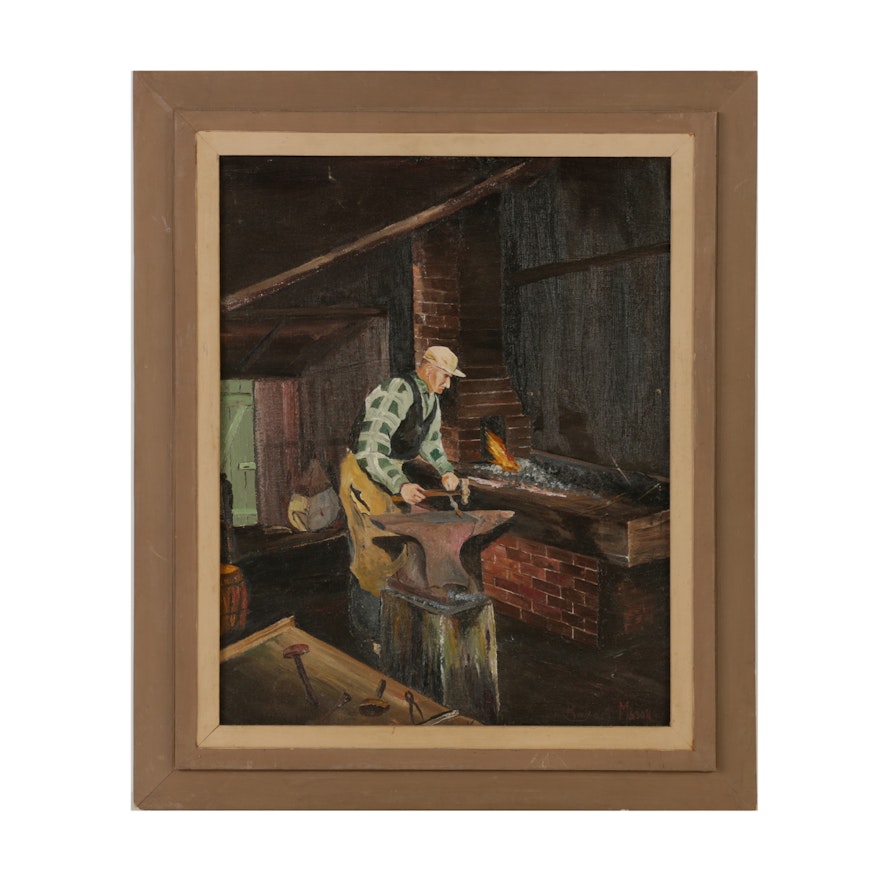 Robert Mason Mid-Century Oil Painting "Blacksmith"