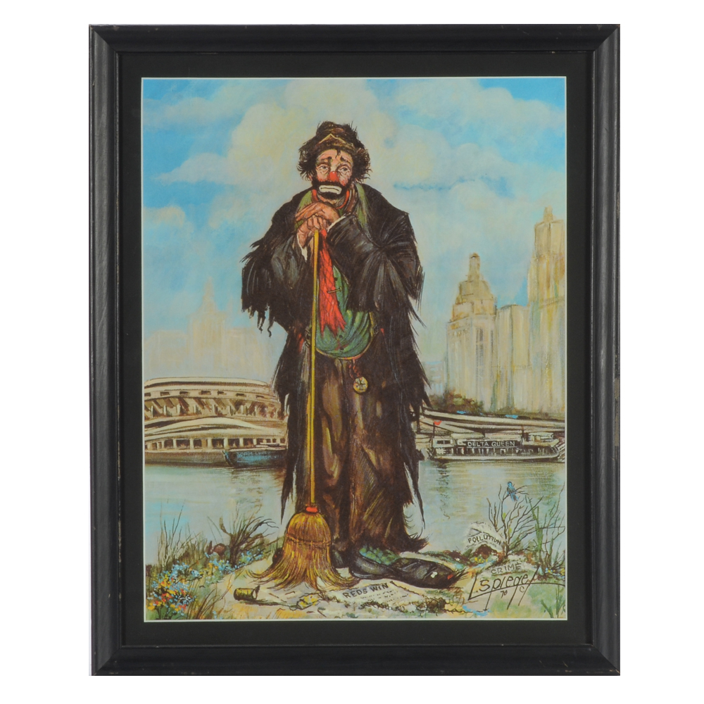 Offset Lithograph Print after Louis Spiegel of Clown on Riverbank