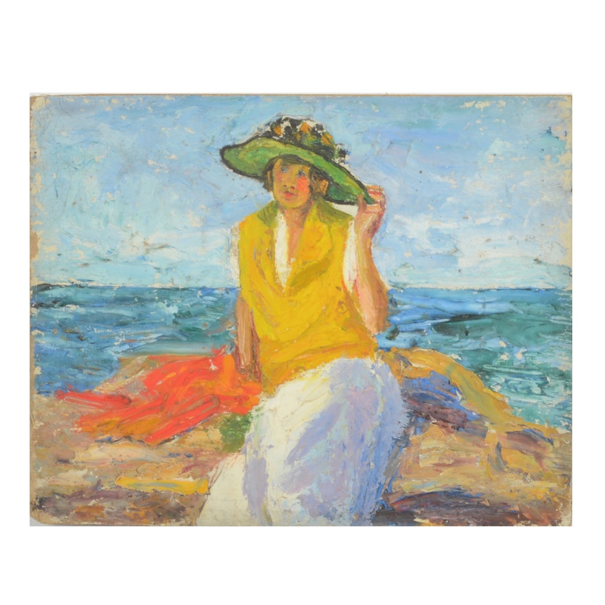 Original Vintage Oil Painting of a Figure by the Sea