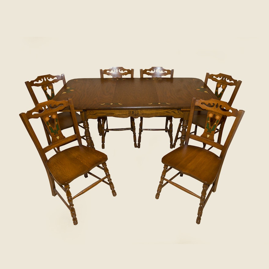 Vintage Oak Dining Table with Six Chairs by Watertown Table-Slide Corporation