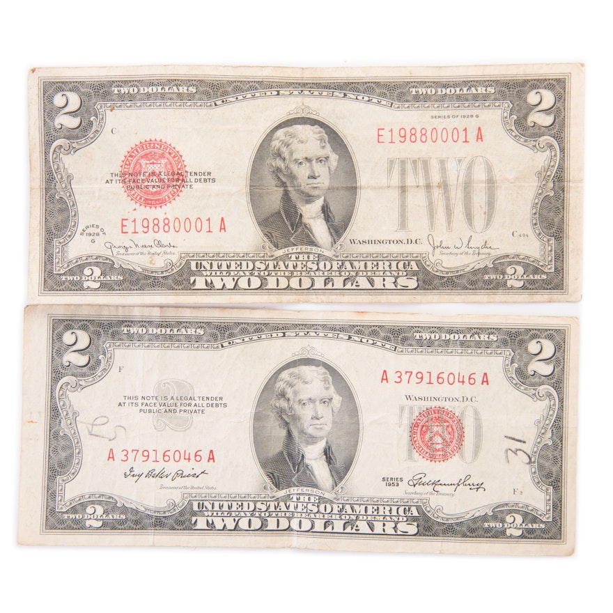 Red Seal 1928G and 1953 Two Dollar Legal Tender Notes