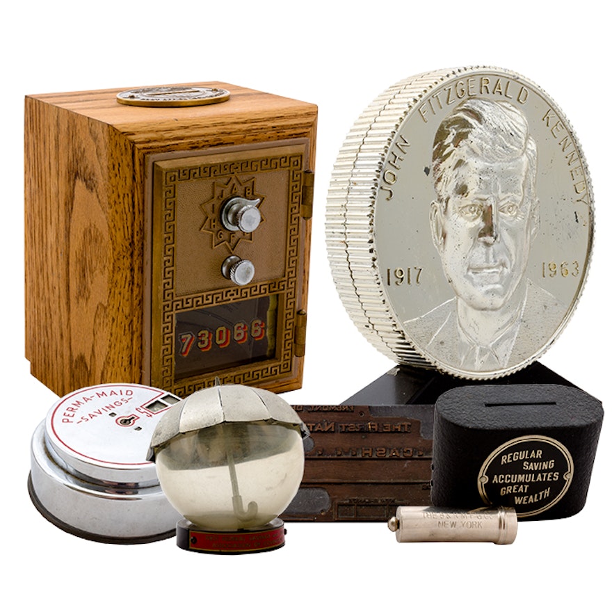 Vintage Collectible Coin Banks and Metal Check Stamps