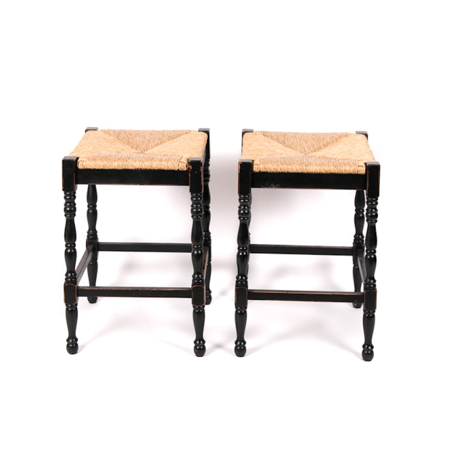 Pair of Rush Seat Counter Stools by Ballard Designs.