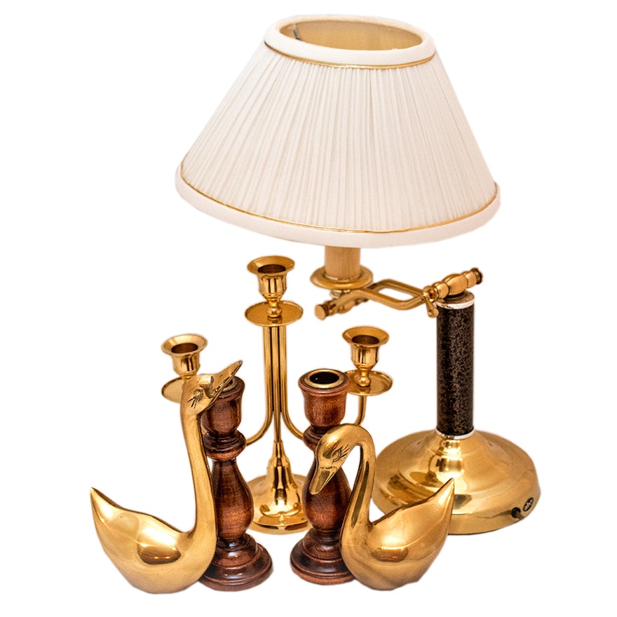 Desk Lamp and Collection of Brass Home Decor