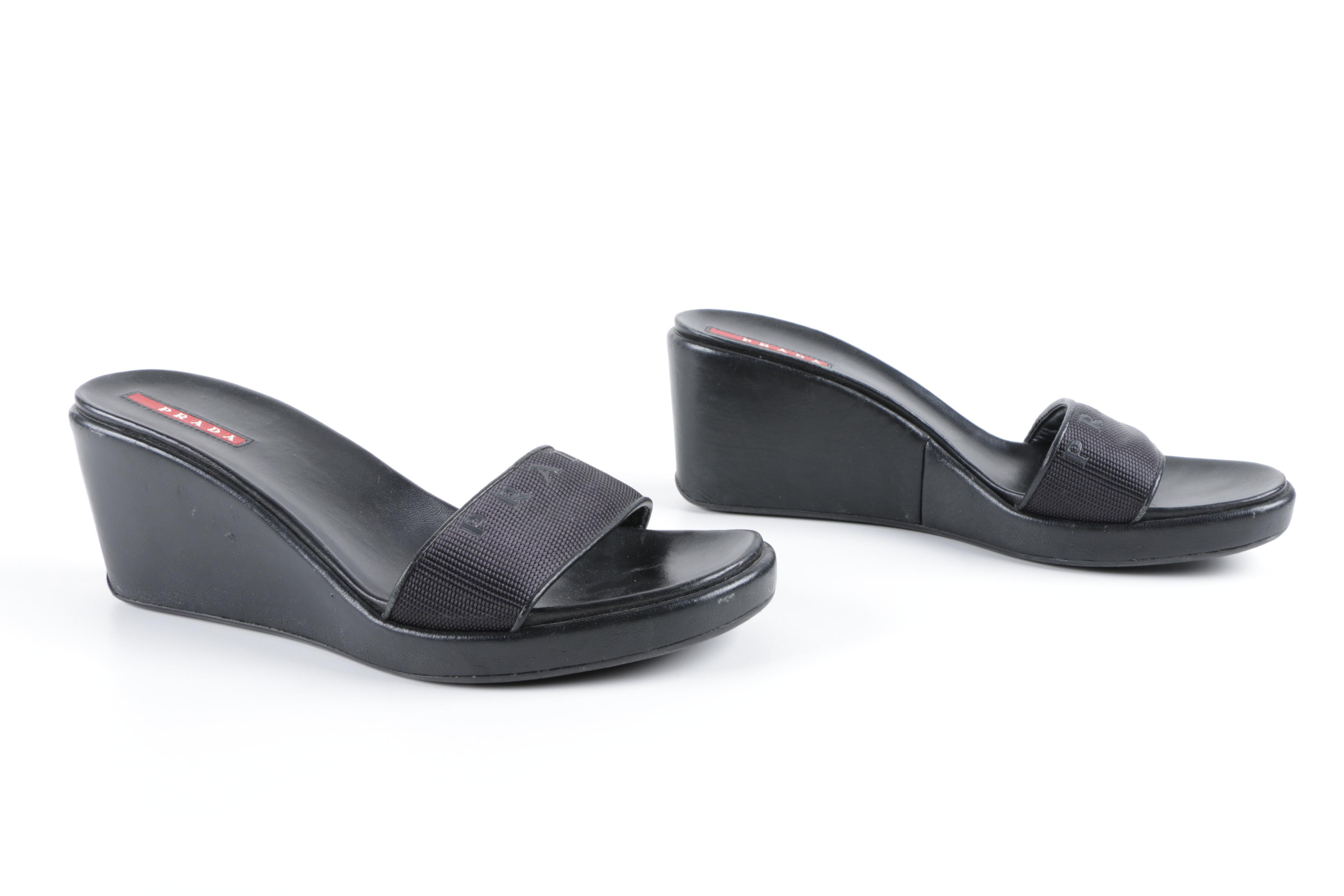 Prada Black Leather and Nylon Wedge Slides