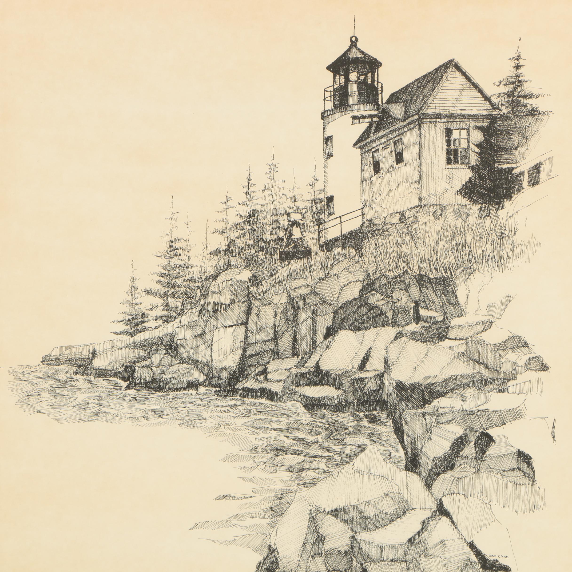 Lithograph After Dan Cake of Lighthouse Along Rocky Coast